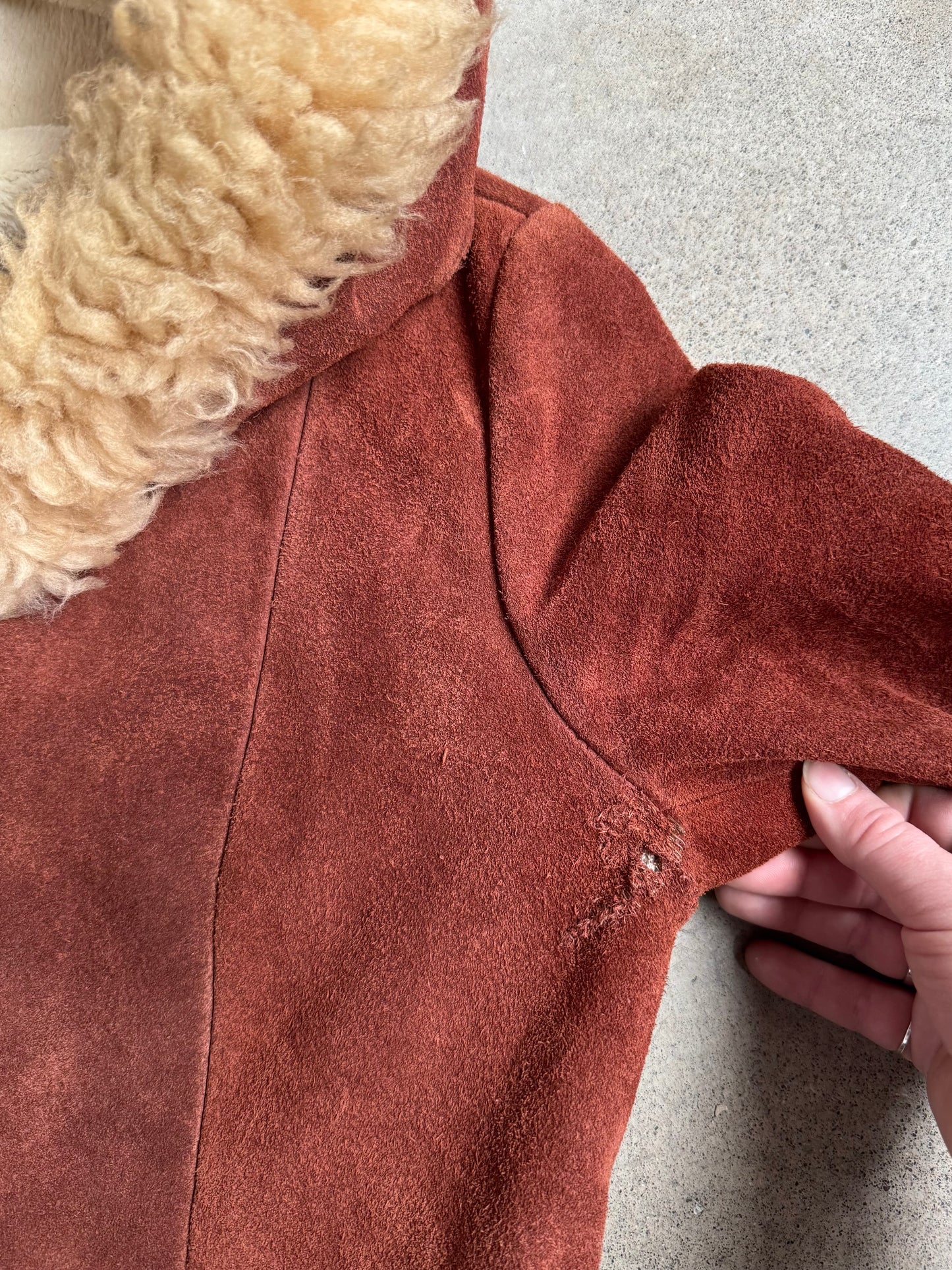 Vintage 1970s Berman’s Brown Suede Lamb Fur Trim Hooded Overcoat | Medium