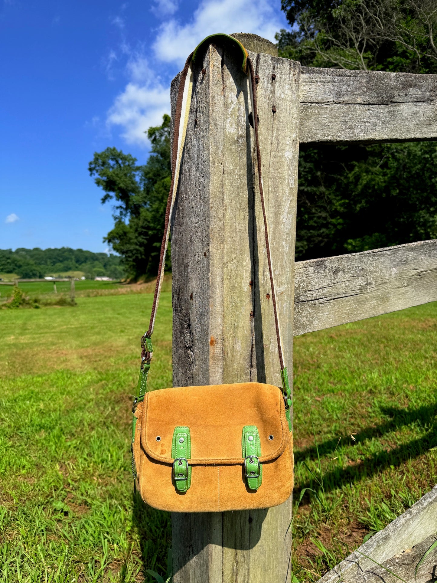 Y2K Coach Tan Suede Leather Green Accent Crossbody Bag