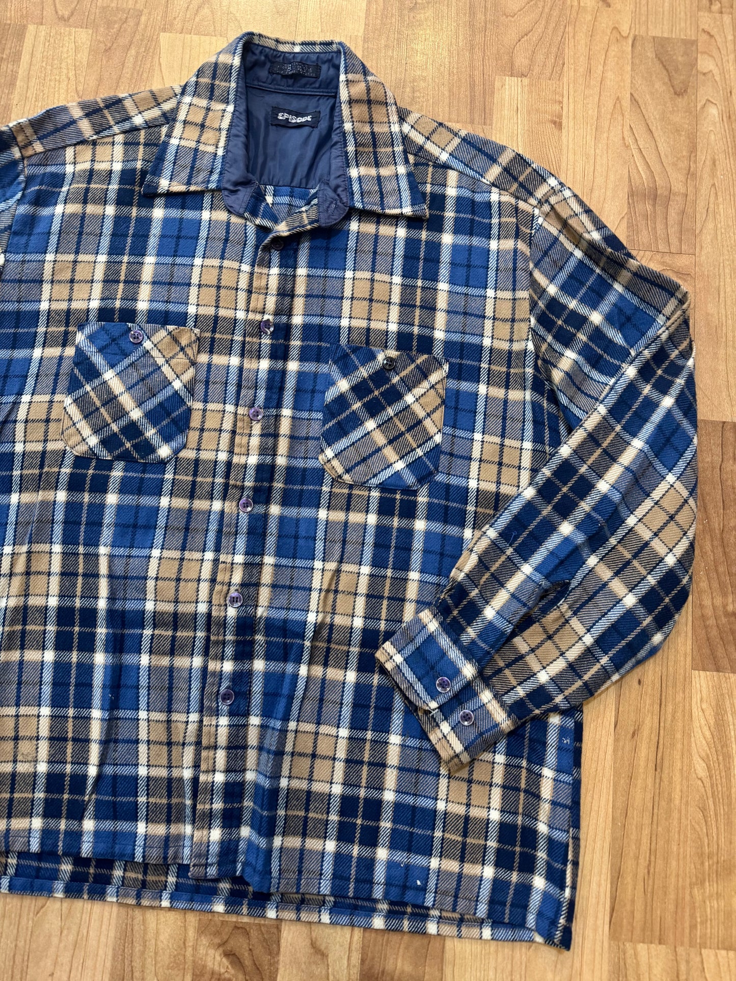 Vintage 1980s Episode Blue & Tan Plaid Flannel Shirt | XL