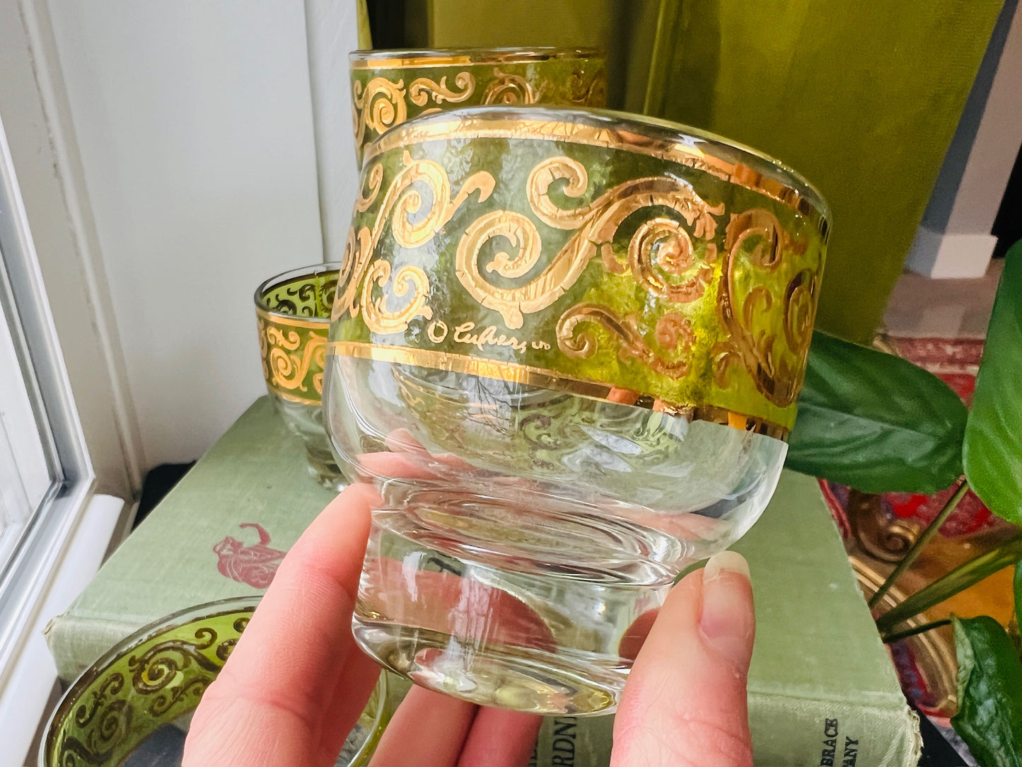 Vintage Culver Green & Gold Speck Glasses | Set of 6