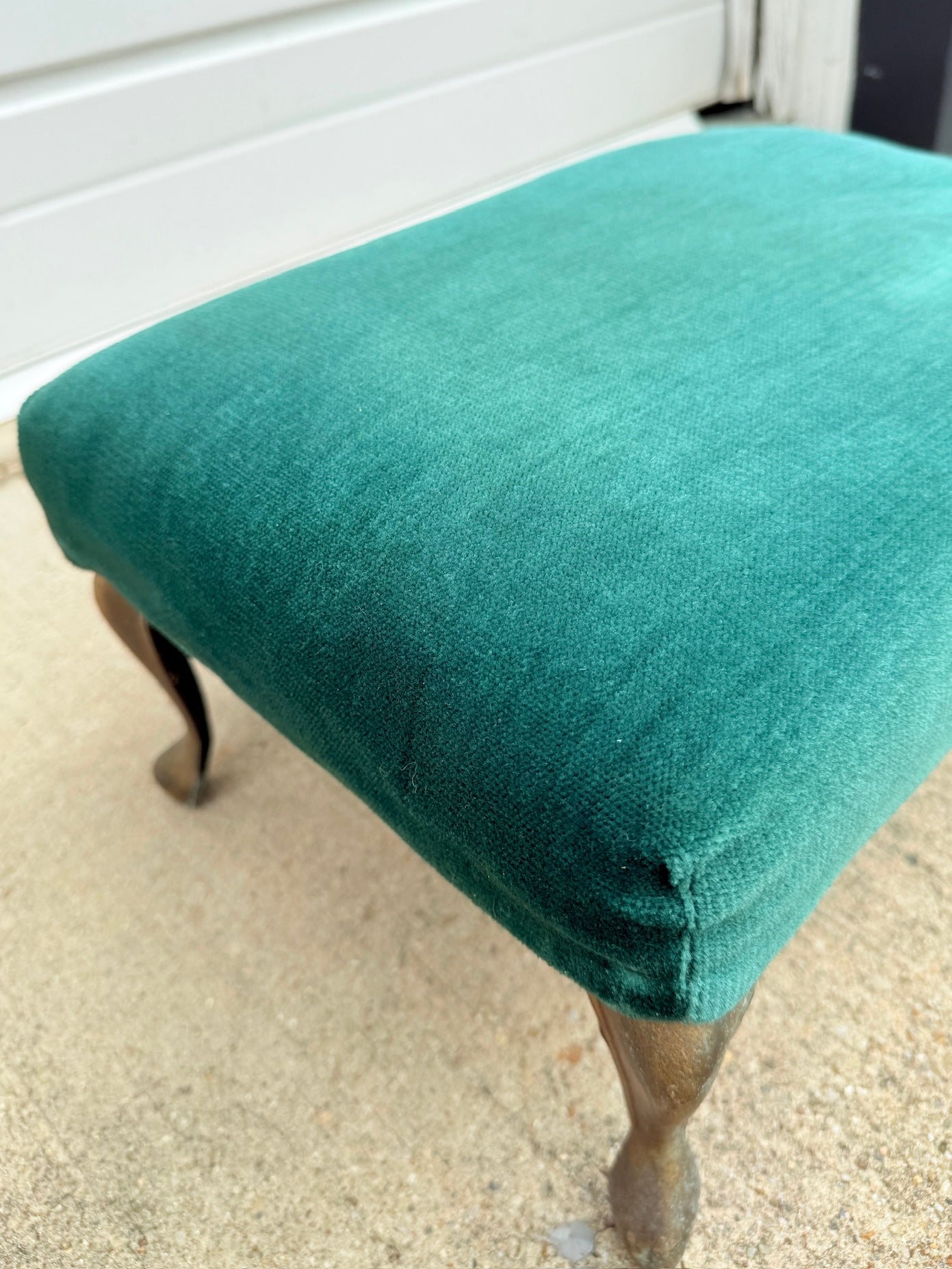 Vintage 1950s Brass Footed Green Velvet Footstool