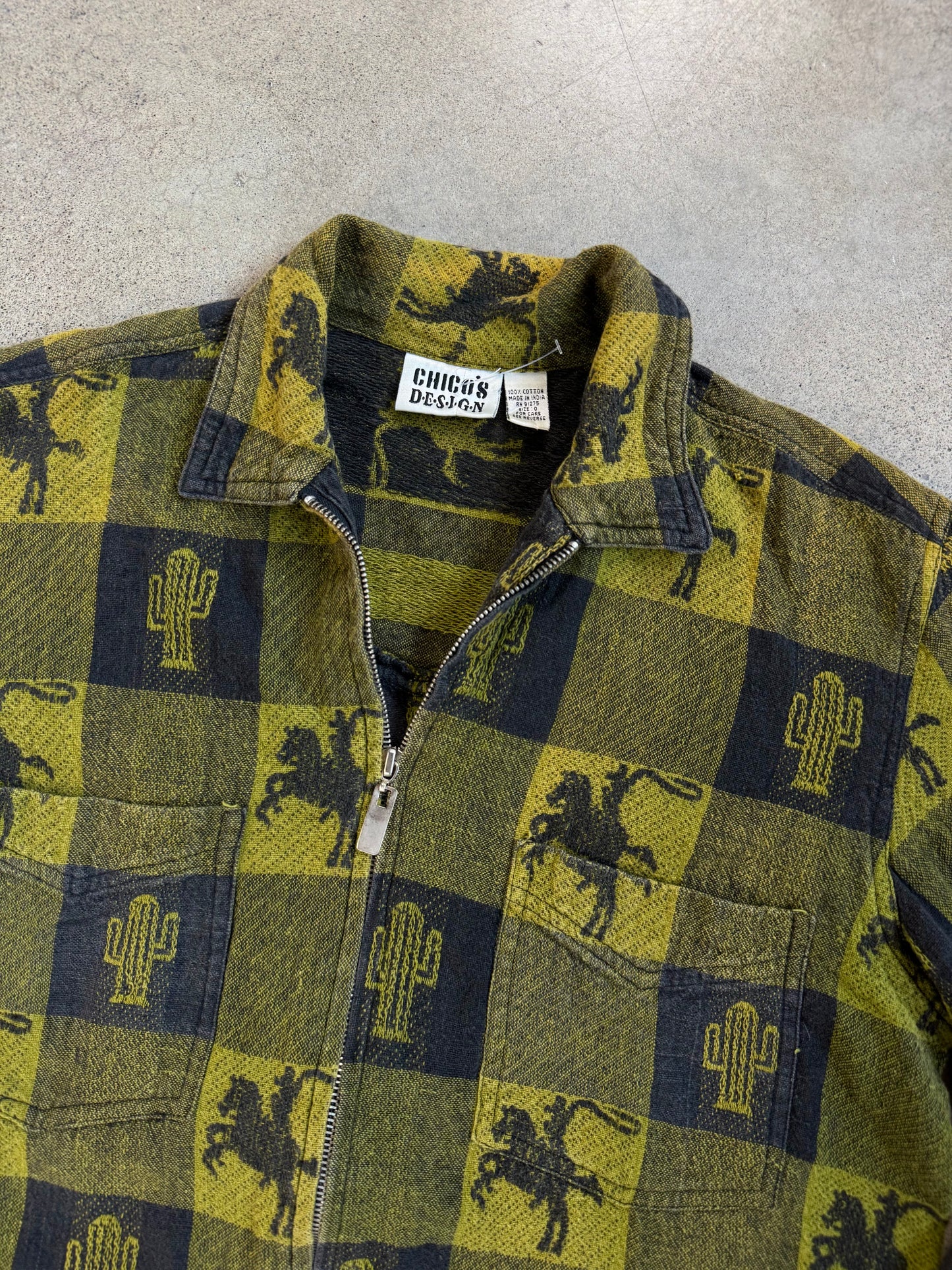 Vintage 1990s Chicos Western Cowboy Print Cotton Zip-Up Shirt Jacket | Medium