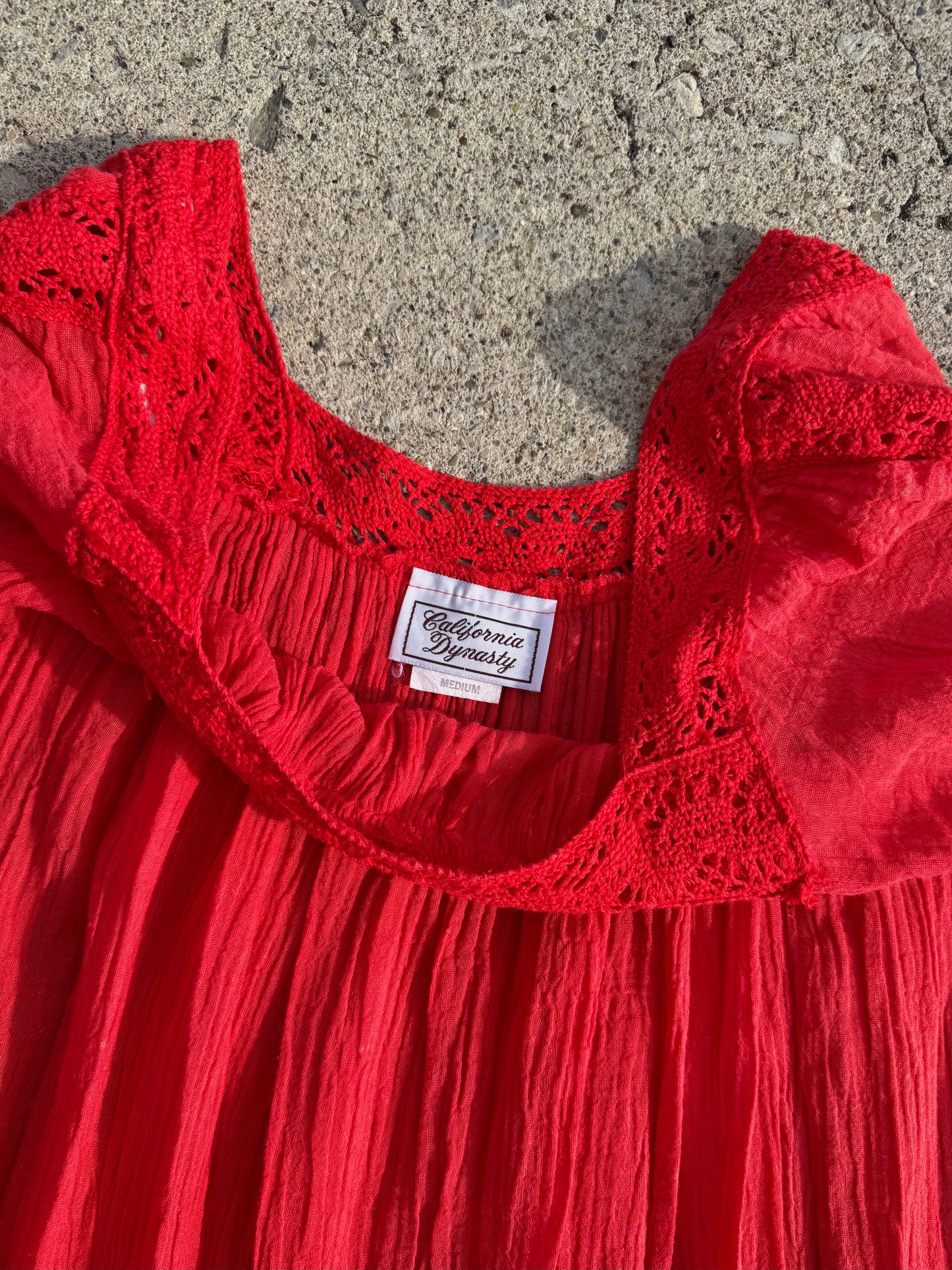 Vintage 1970s Red Crochet Trim Cotton Gauze Dress | Medium