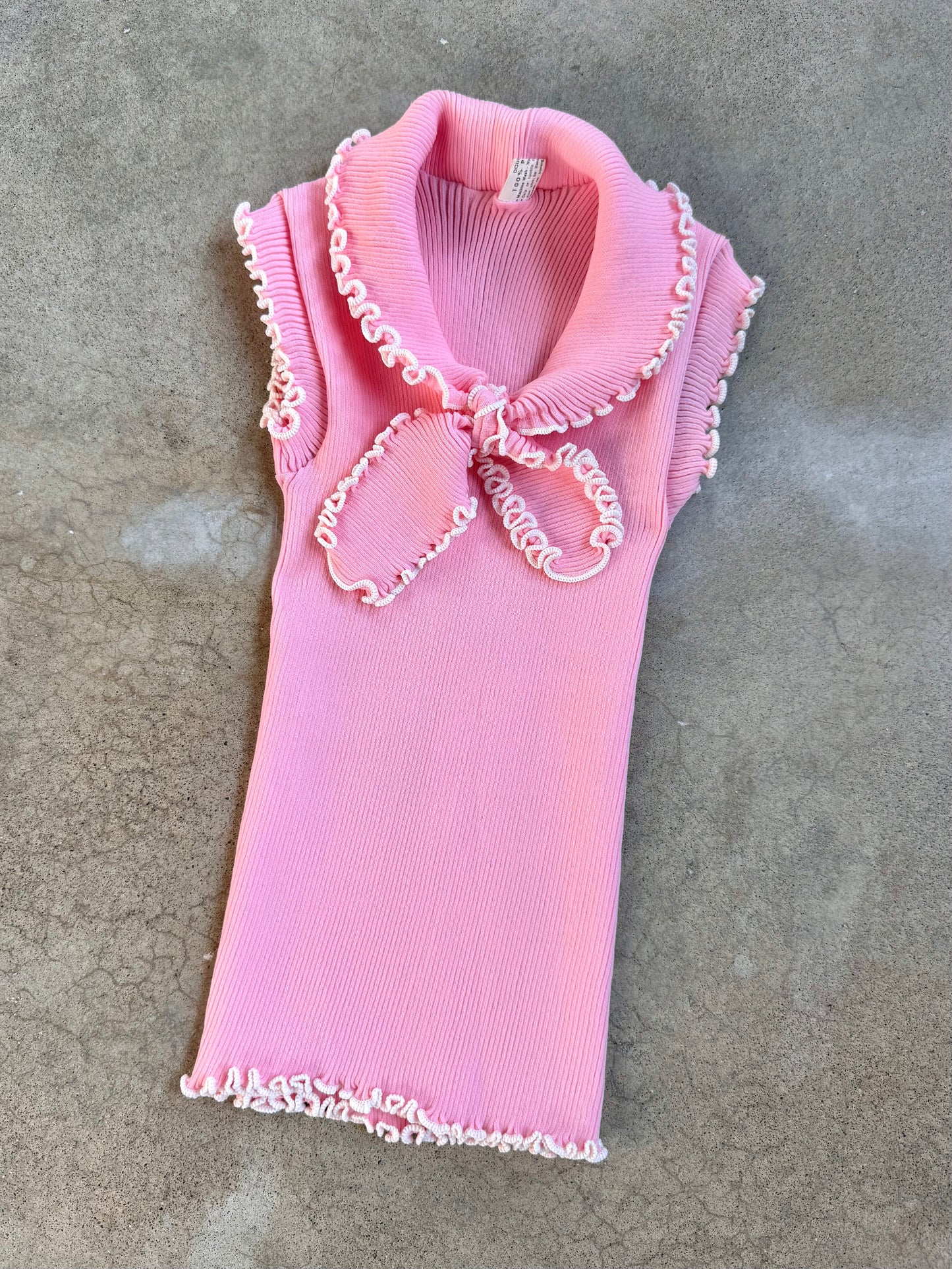 Vintage 1970s Baby Pink Frilled Tie Collar Sleeveless Blouse | Small