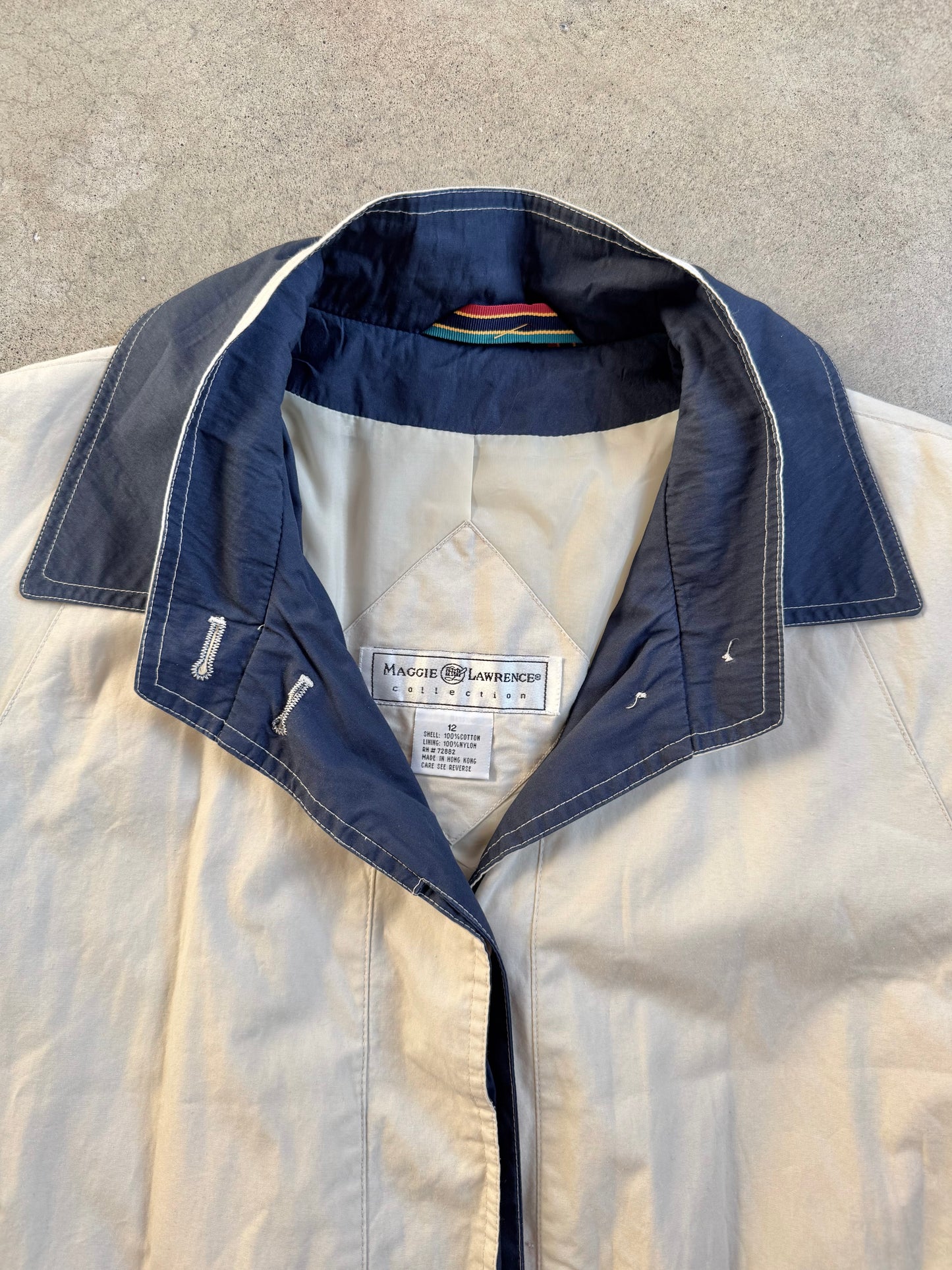 Vintage 1990s Maggie Lawrence Contrast Collar Cotton Trench Coat | Large