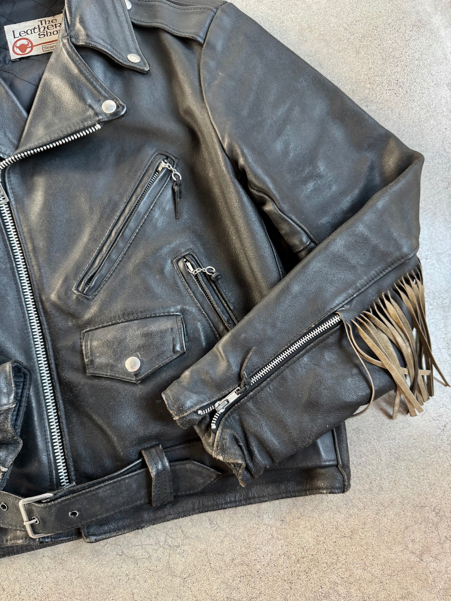 Vintage 1970s Sears Black Leather Fringe Biker Jacket | 40R