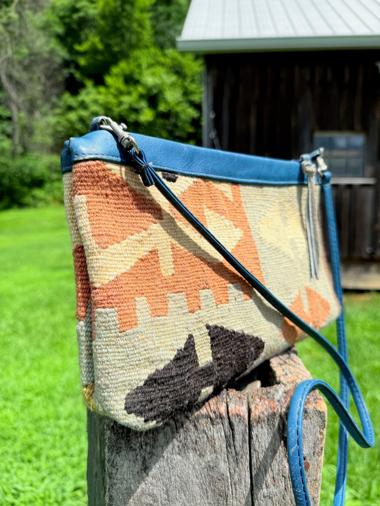 Vintage 1970s Turquoise Leather Tapestry Crossbody Bag