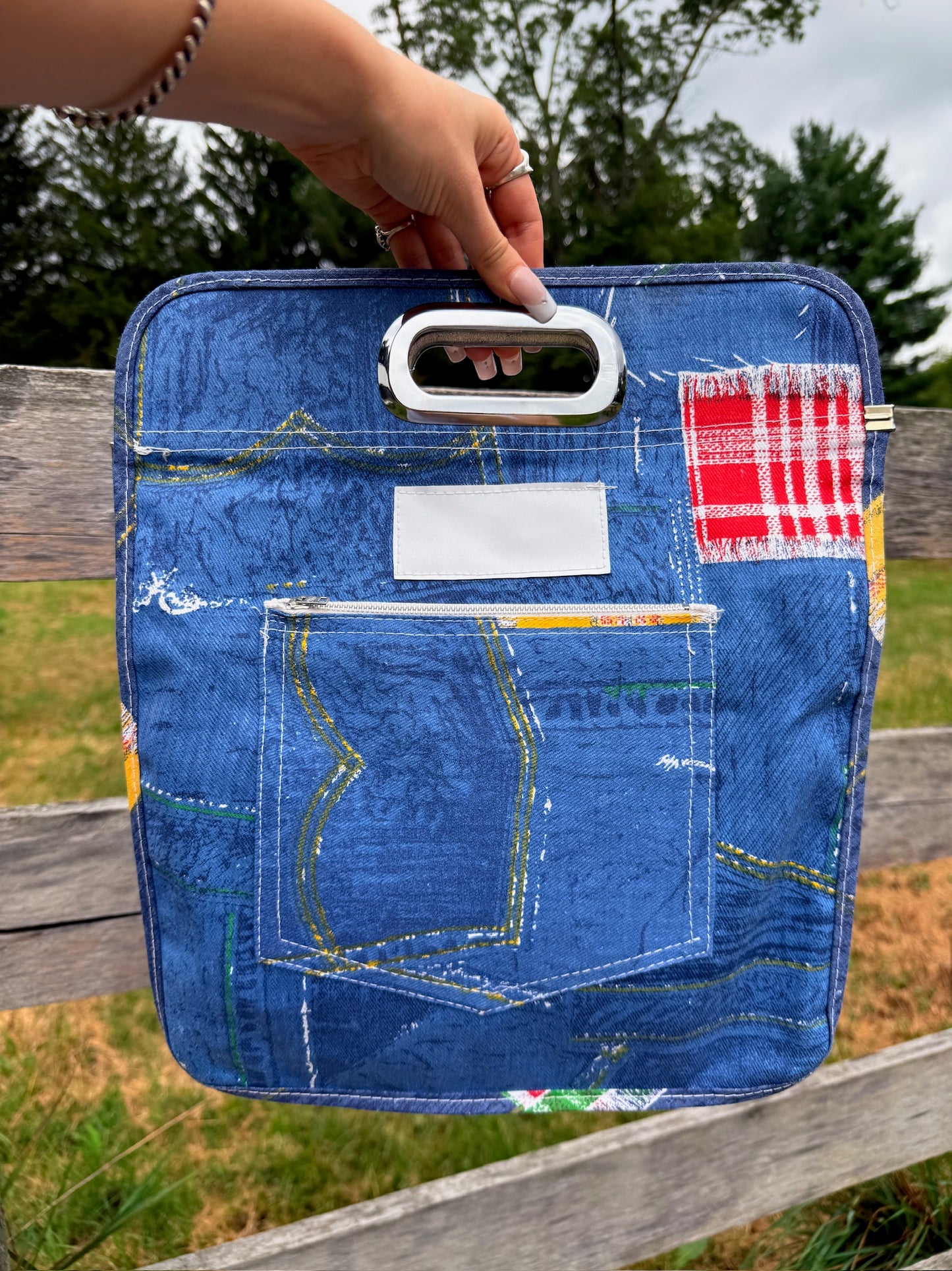 Vintage 1970s Printed Denim Top Handle Tote Bag