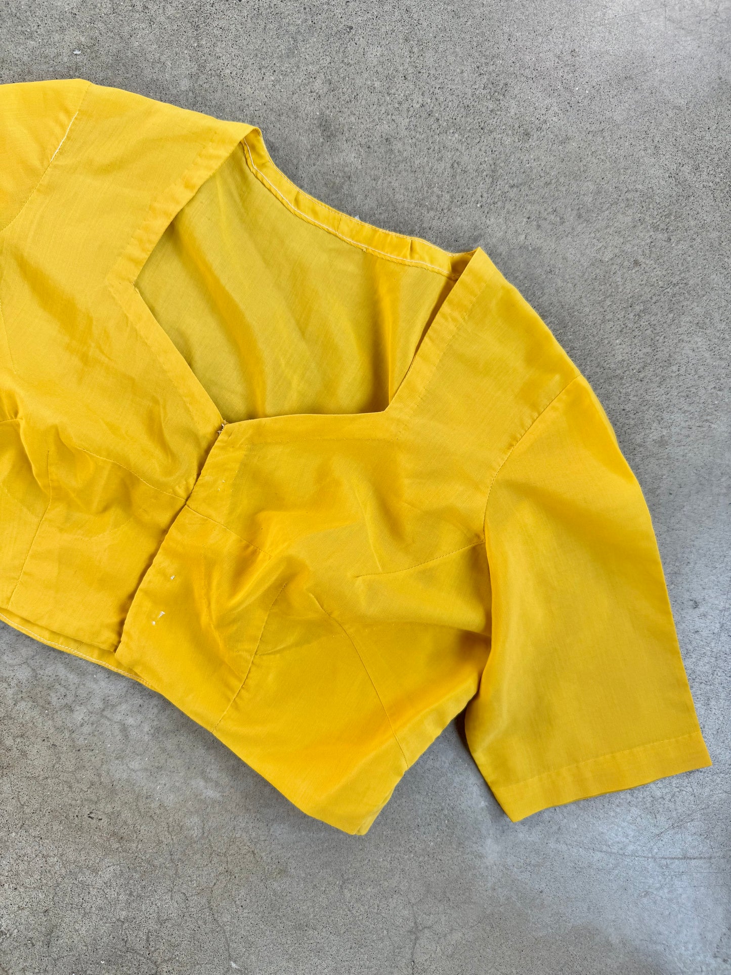Vintage 1950s Handmade Yellow Sheer Darted Cropped Blouse | Medium