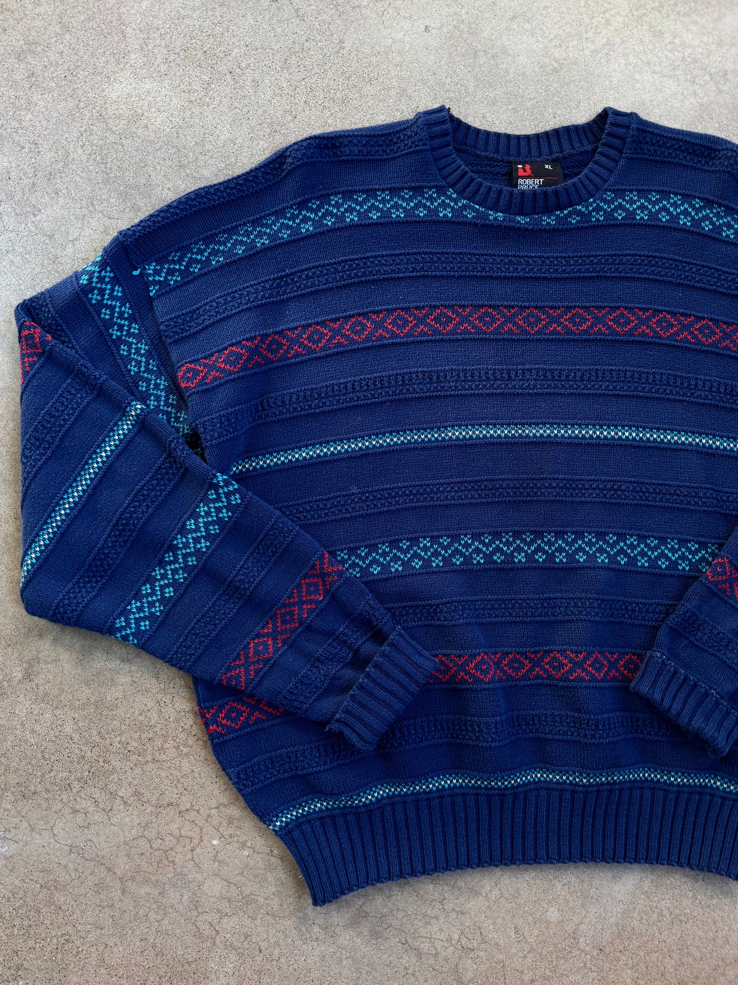 Vintage 1980s Robert Bruce Blue Patterned Cotton Knit Crewneck Sweater | XL