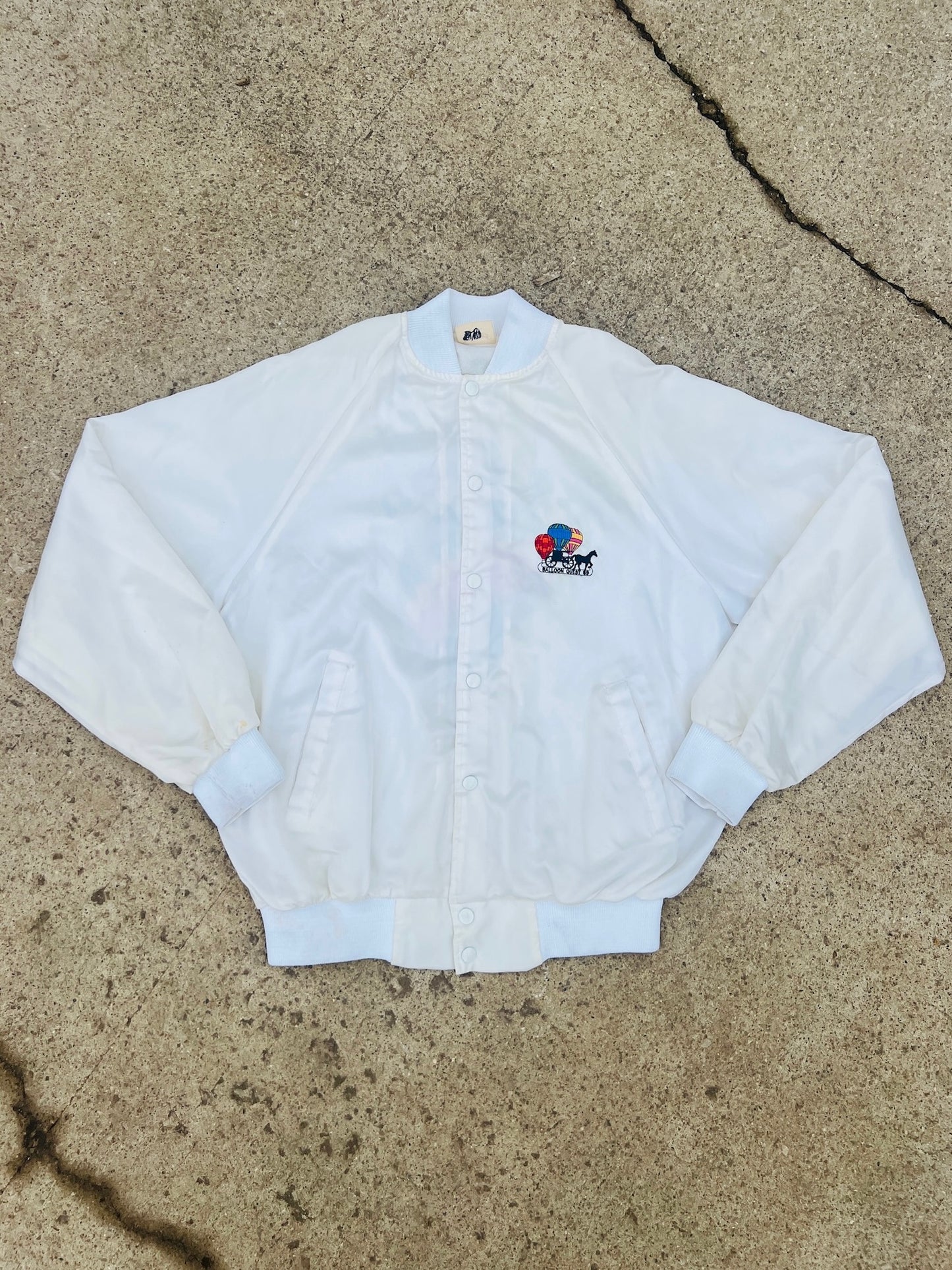 Vintage ‘89 Balloon Quest Halcyon Embroidered Satin Bomber Jacket | Large