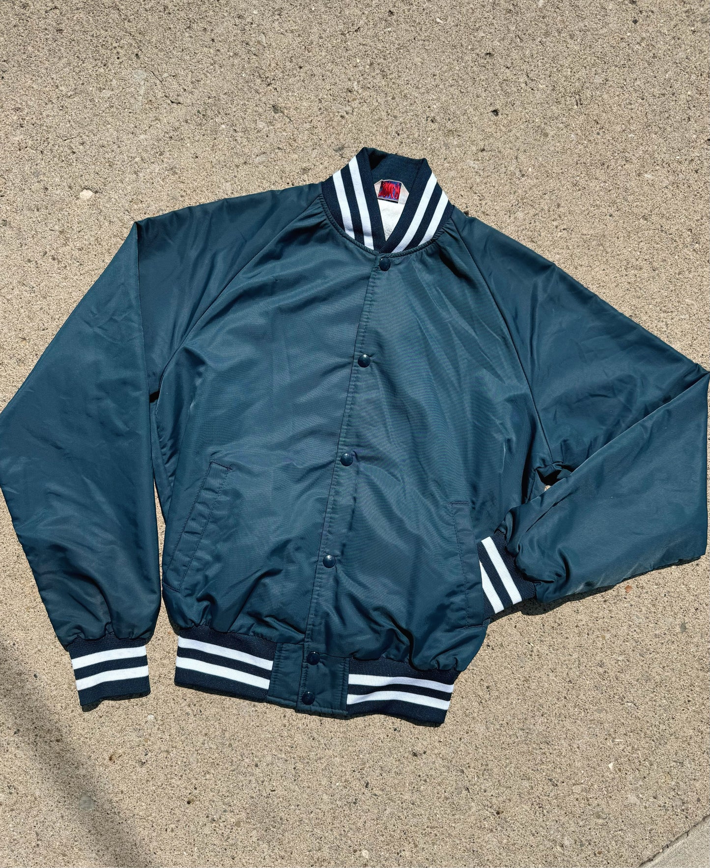 Vintage 1980s Marietta College Navy Varsity Bomber Jacket | Small