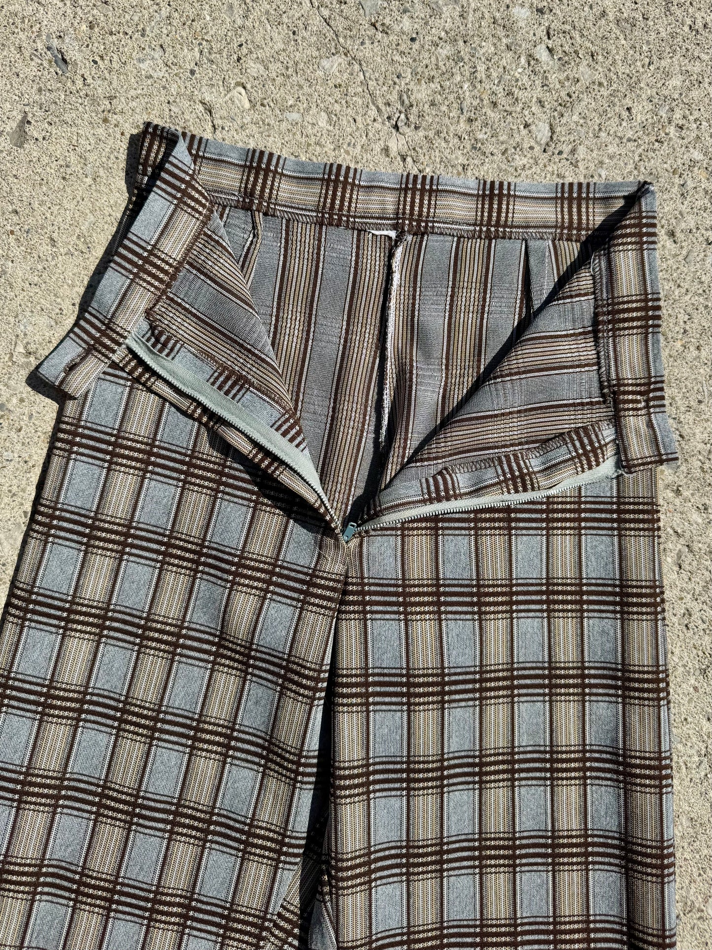 Vintage 1970s Brown Plaid Wide Leg Pants | Waist 27”