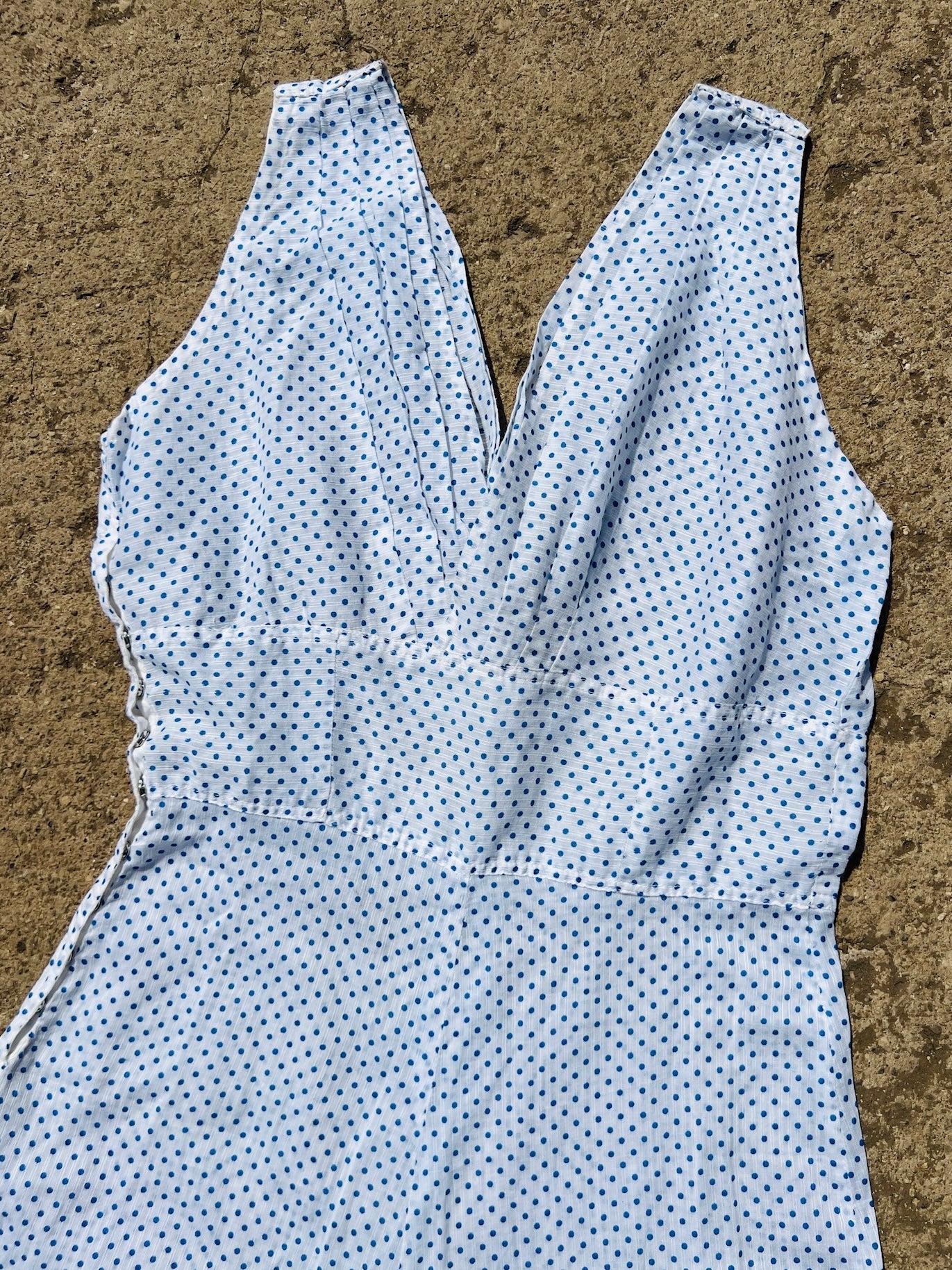 Vintage 1950s Blue Polka Dot Plunge Midi Dress | XS