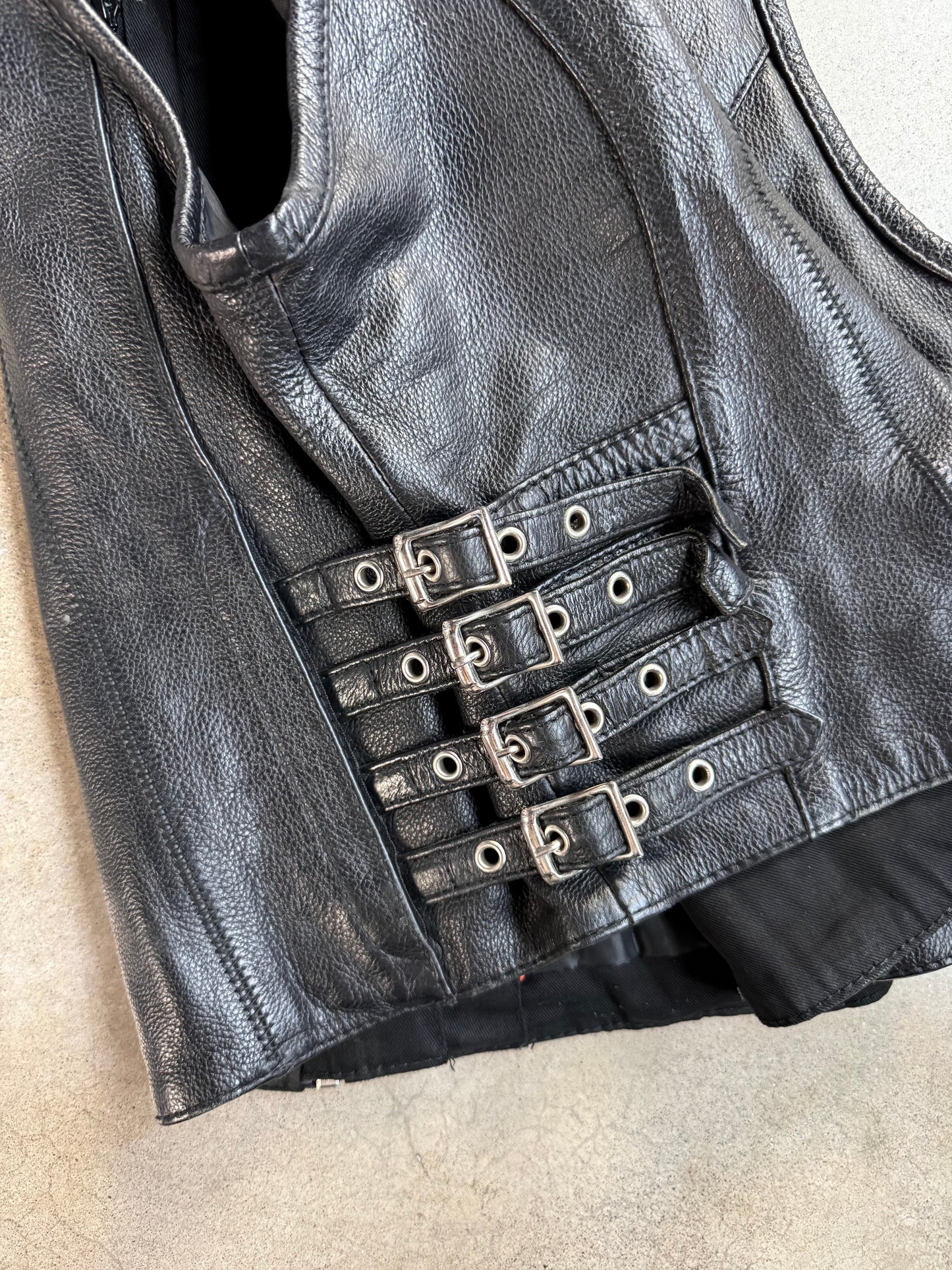 Vintage 1990s Moto Guzzi Patch Black Leather Zip-Up Biker Vest | Medium