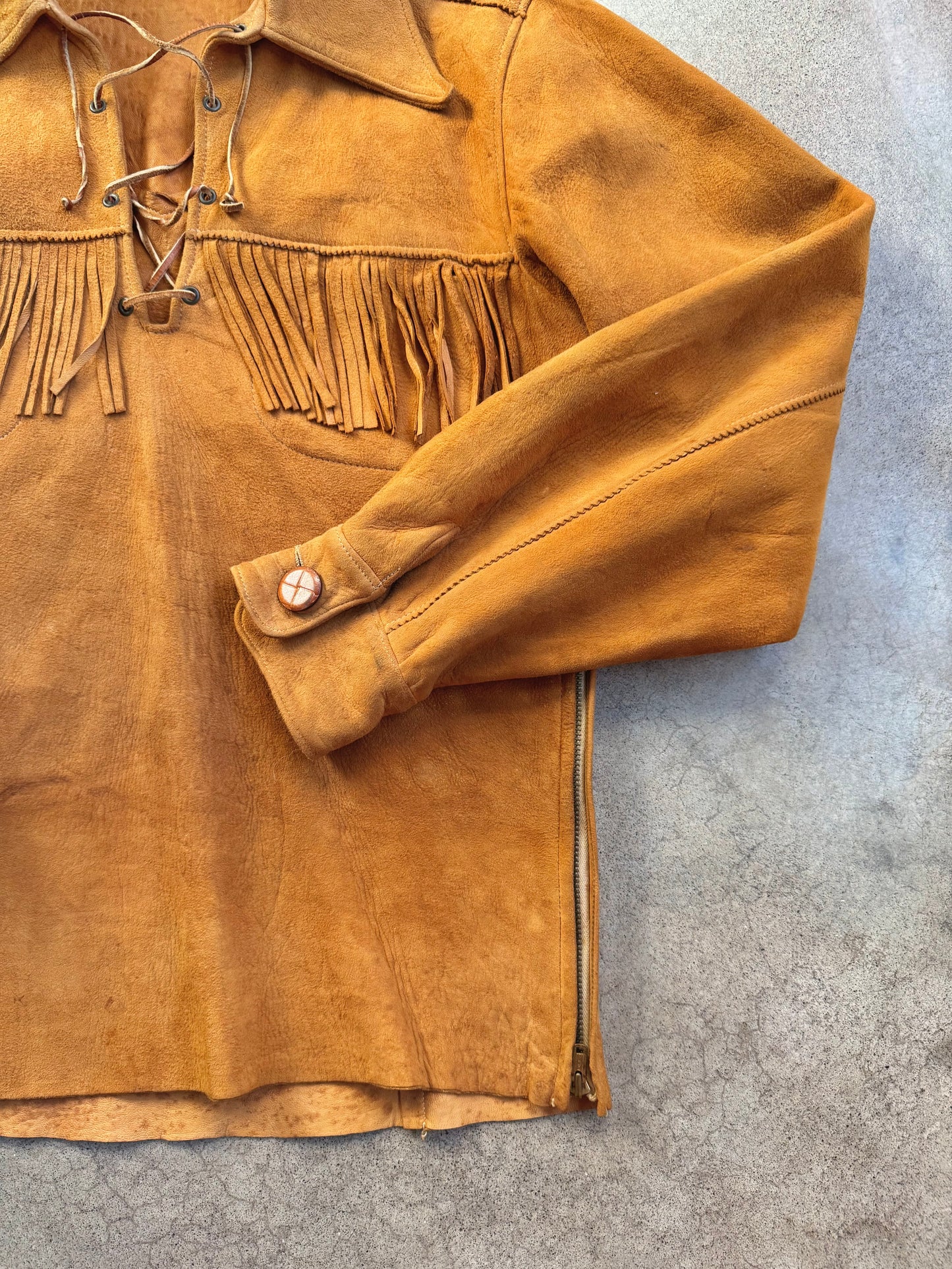 Vintage 1970s Handmade Deerskin Suede Leather Lace-Up Fringe Shirt | M/L