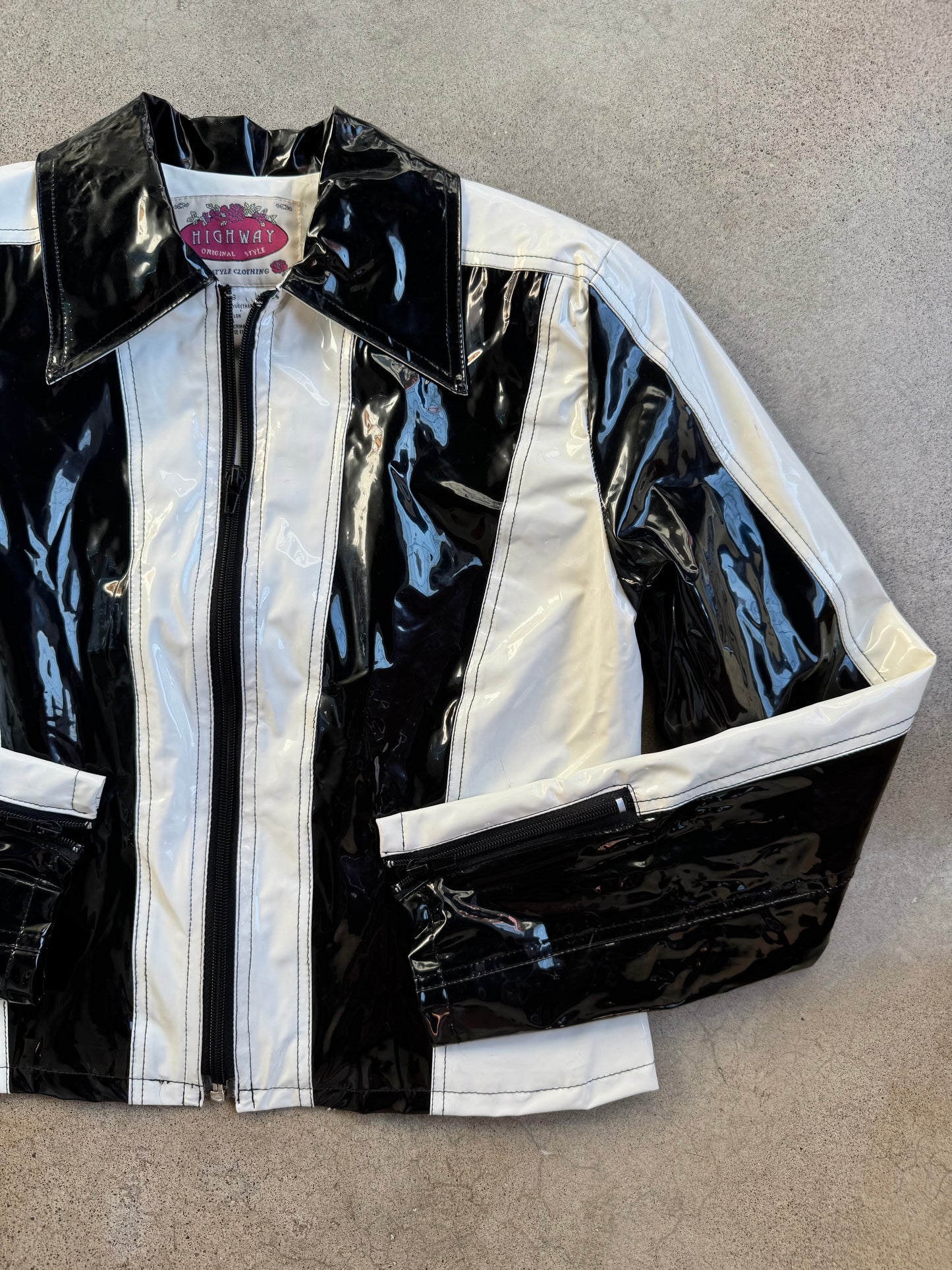Vintage 1990s Highway Black & White Cropped Vinyl Jacket | Small