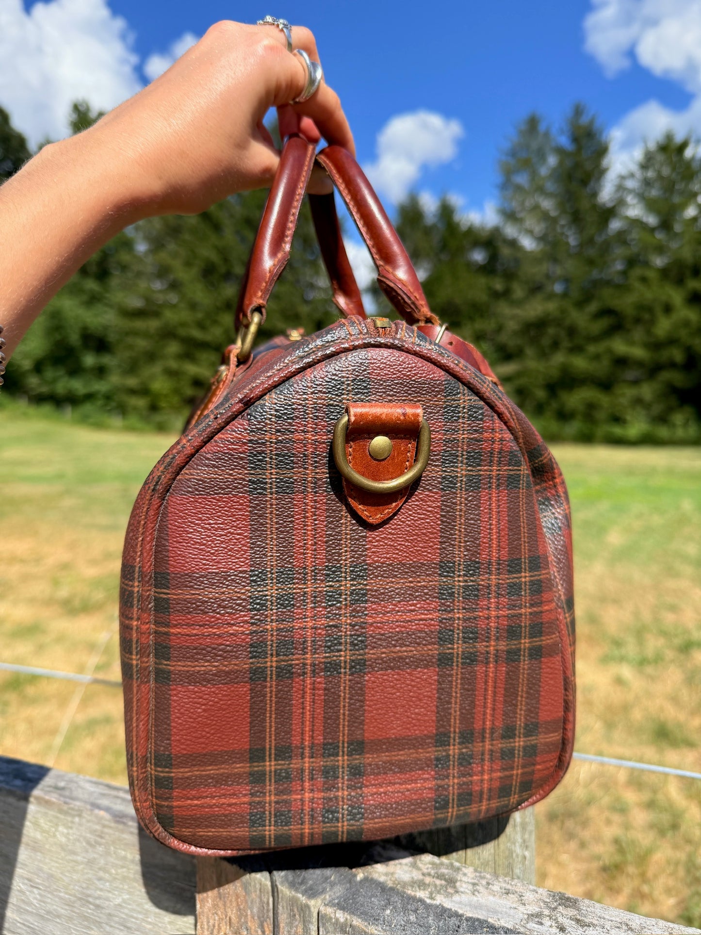 Vintage 1990s Polo Ralph Lauren Brown-Tone Plaid Leather Top Handle Bag