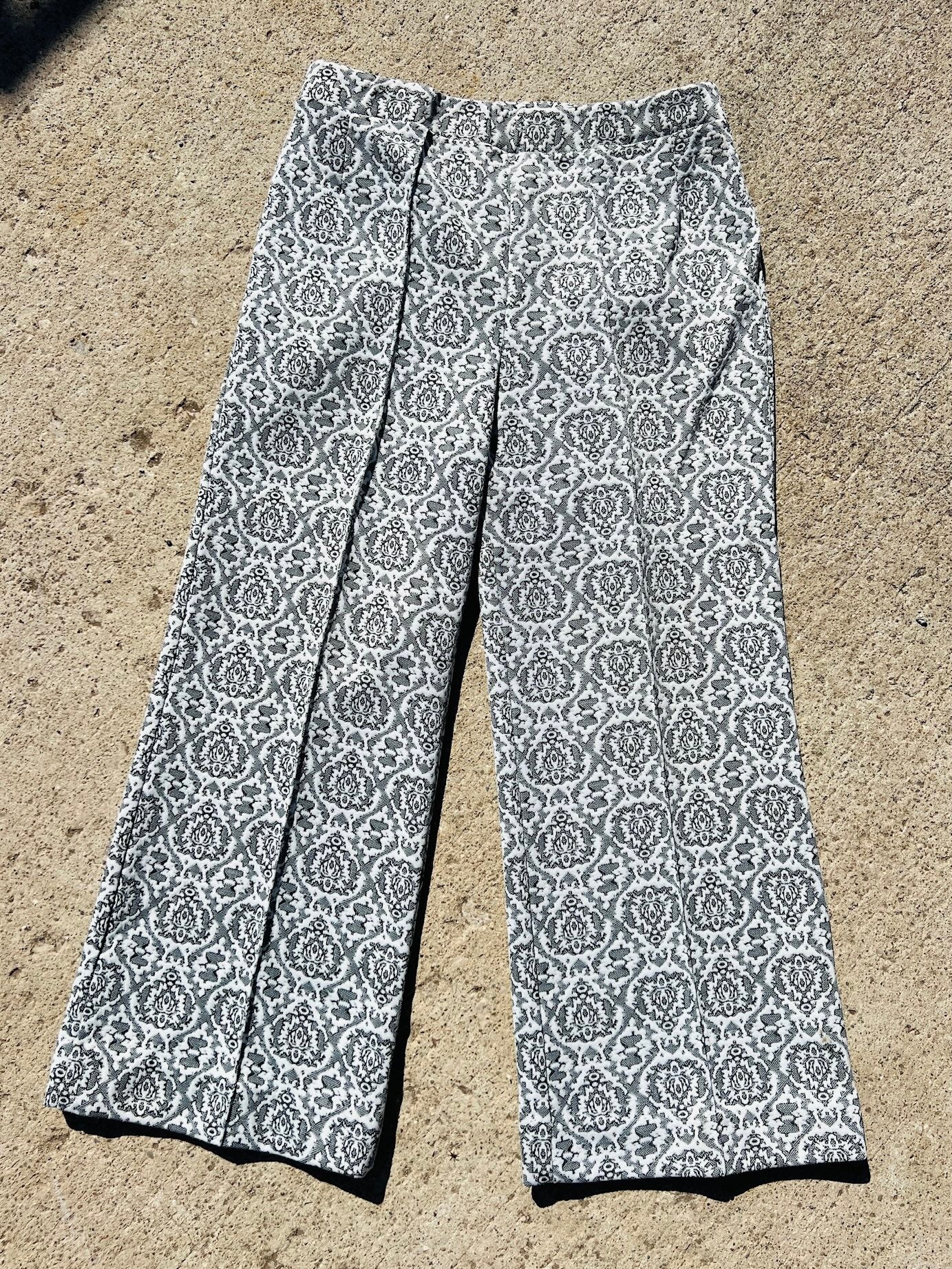 Vintage 1960s Black & White Damask Wide Leg Pants | Large