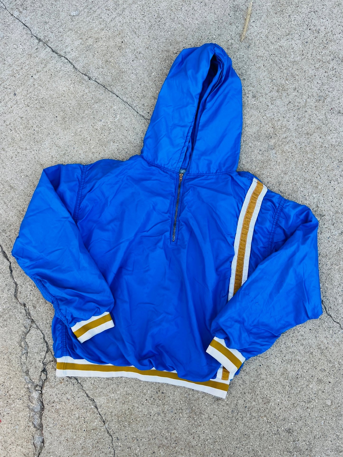 Vintage 1970s Blue Striped Half Zip Hooded Pullover Windbreaker | Large