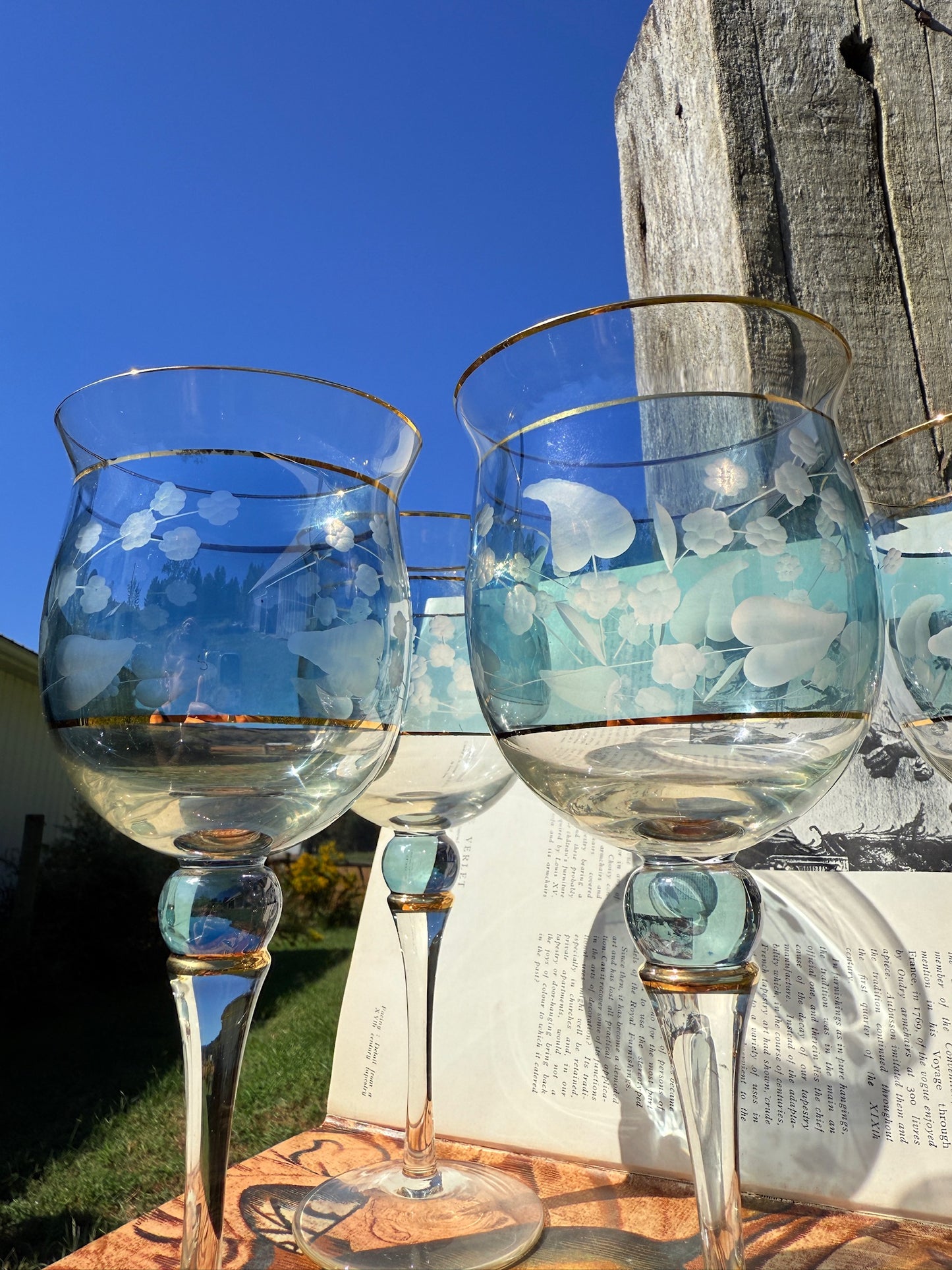 Vintage 1970s Crystal Clear Ind. Katherine Blue Floral Stemmed Goblet Wine Glasses | Set of 4