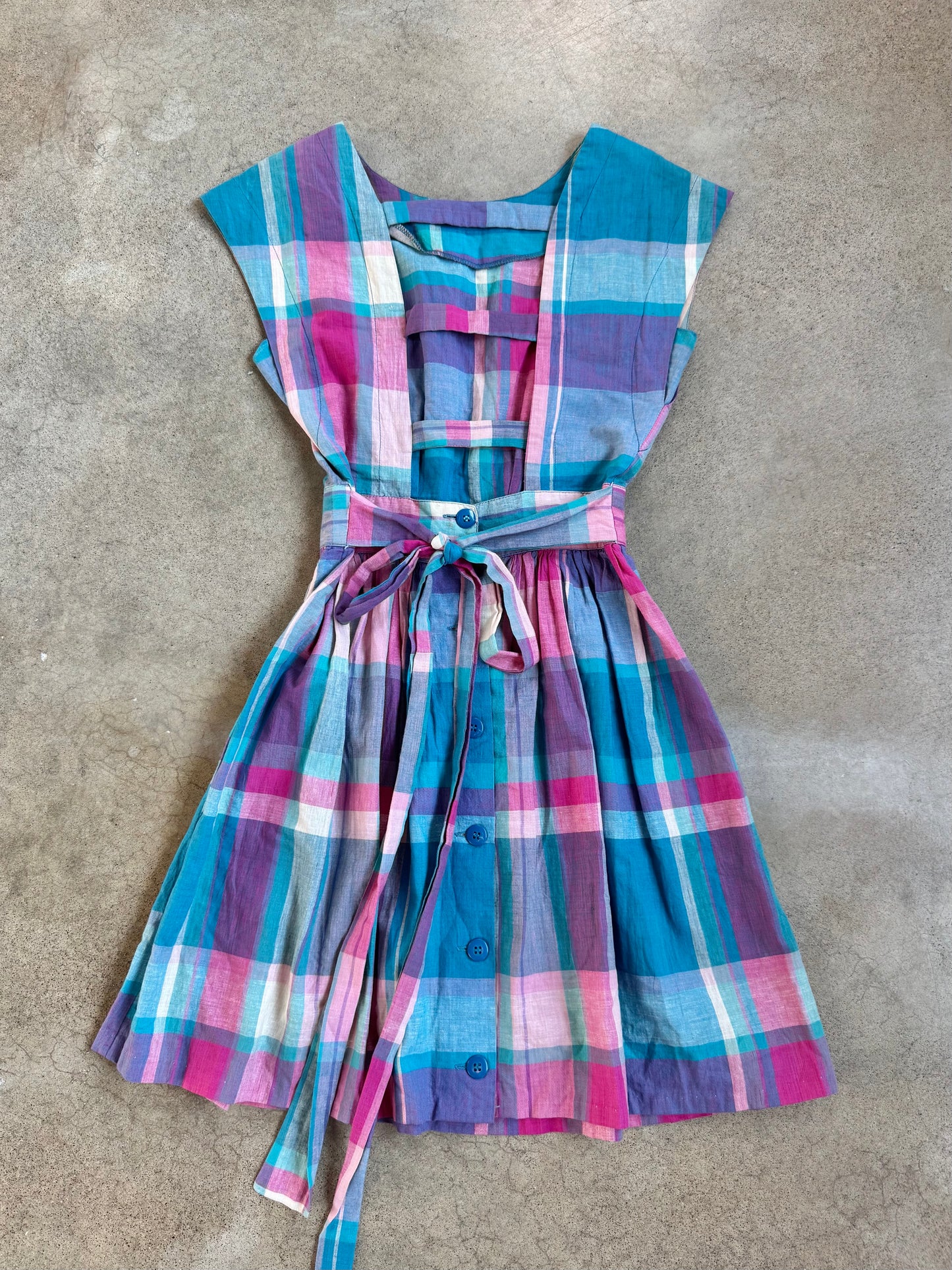 Vintage 1960s Pink & Purple Plaid Tie Waist Cotton Mini Dress | XS