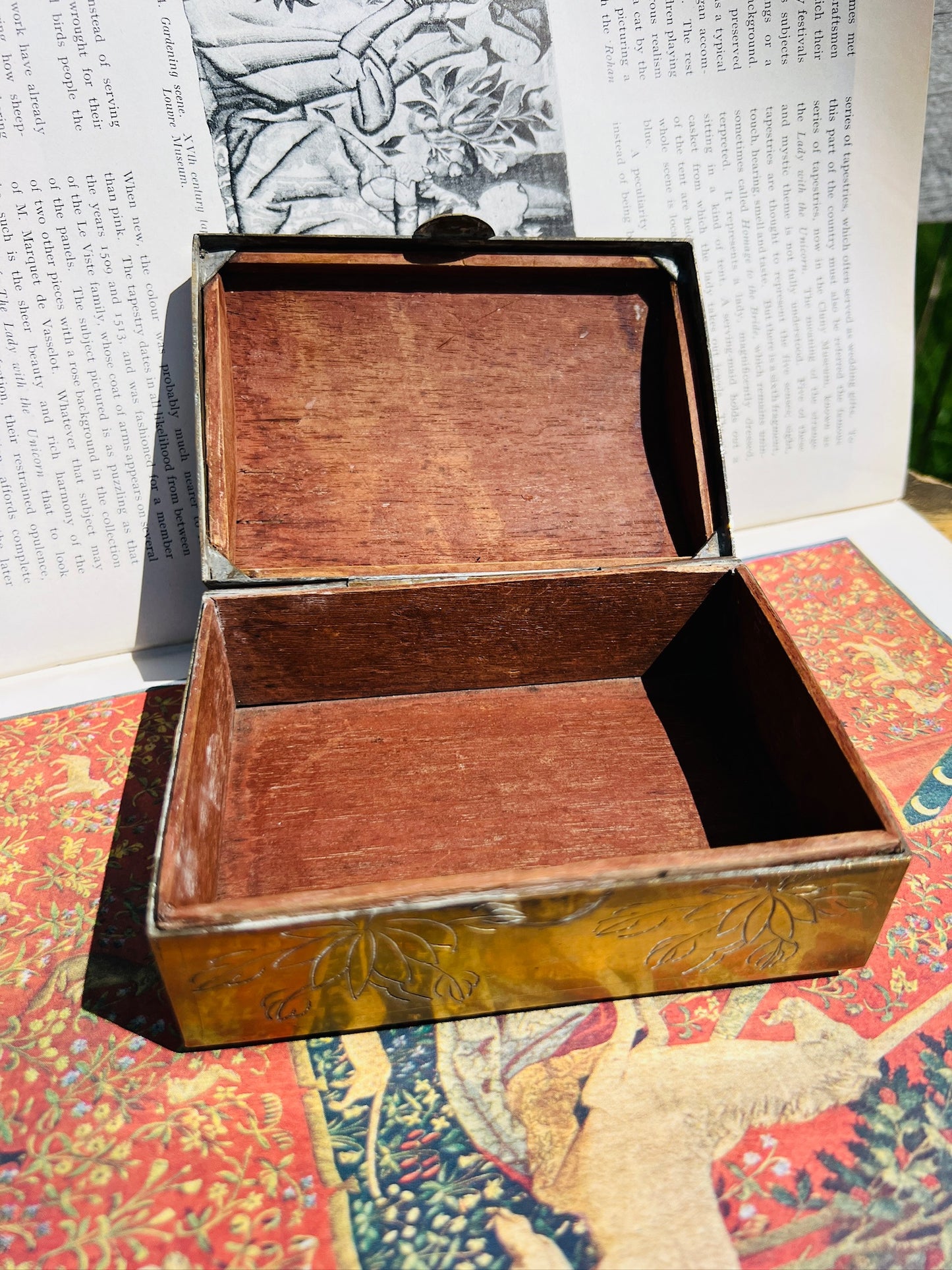 Vintage 1950s Brass Floral Painted Inlay Trinket Box