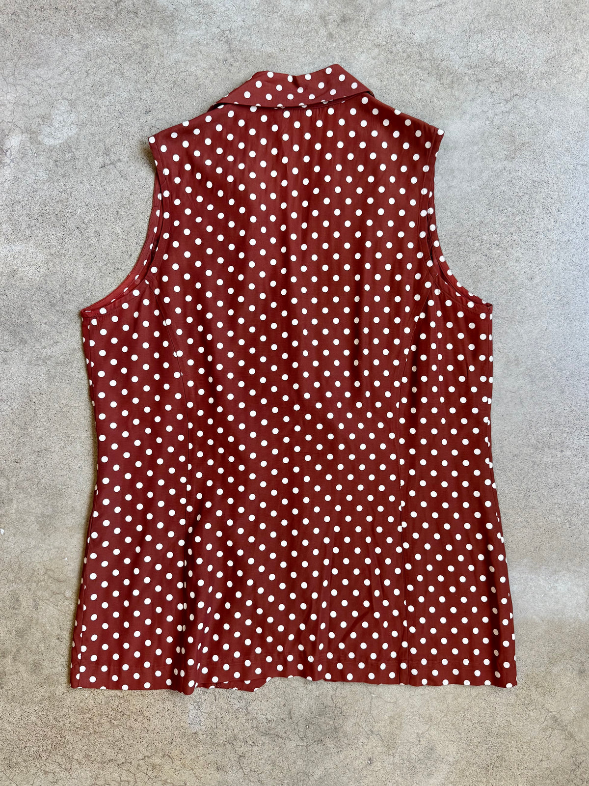 Vintage Tracy Evans Brown & White Polka Dot Sleeveless Blouse | Large
