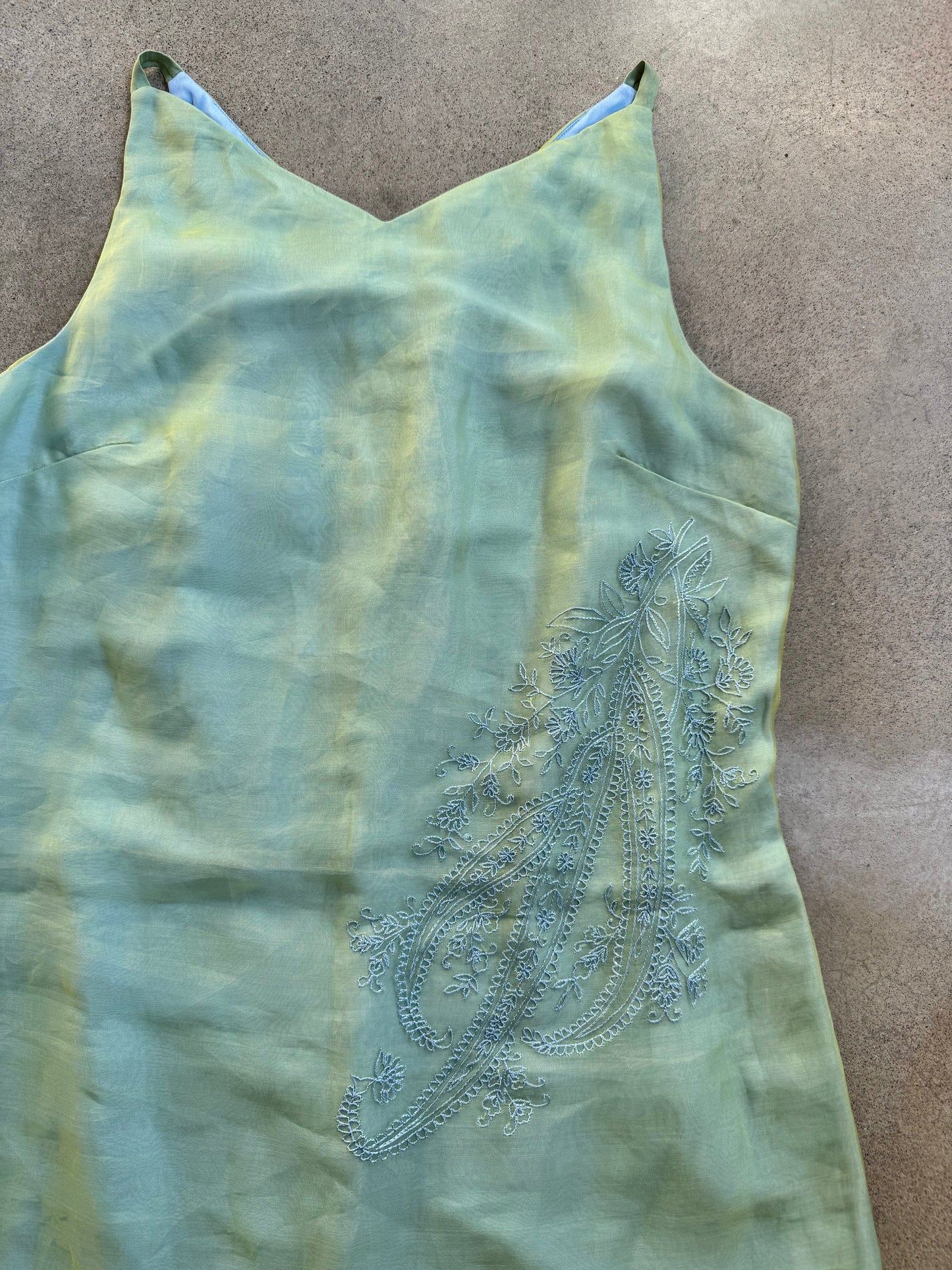 Vintage 1990s Express Green & Blue Paisley Embroidered Silk Mini Dress | M/L
