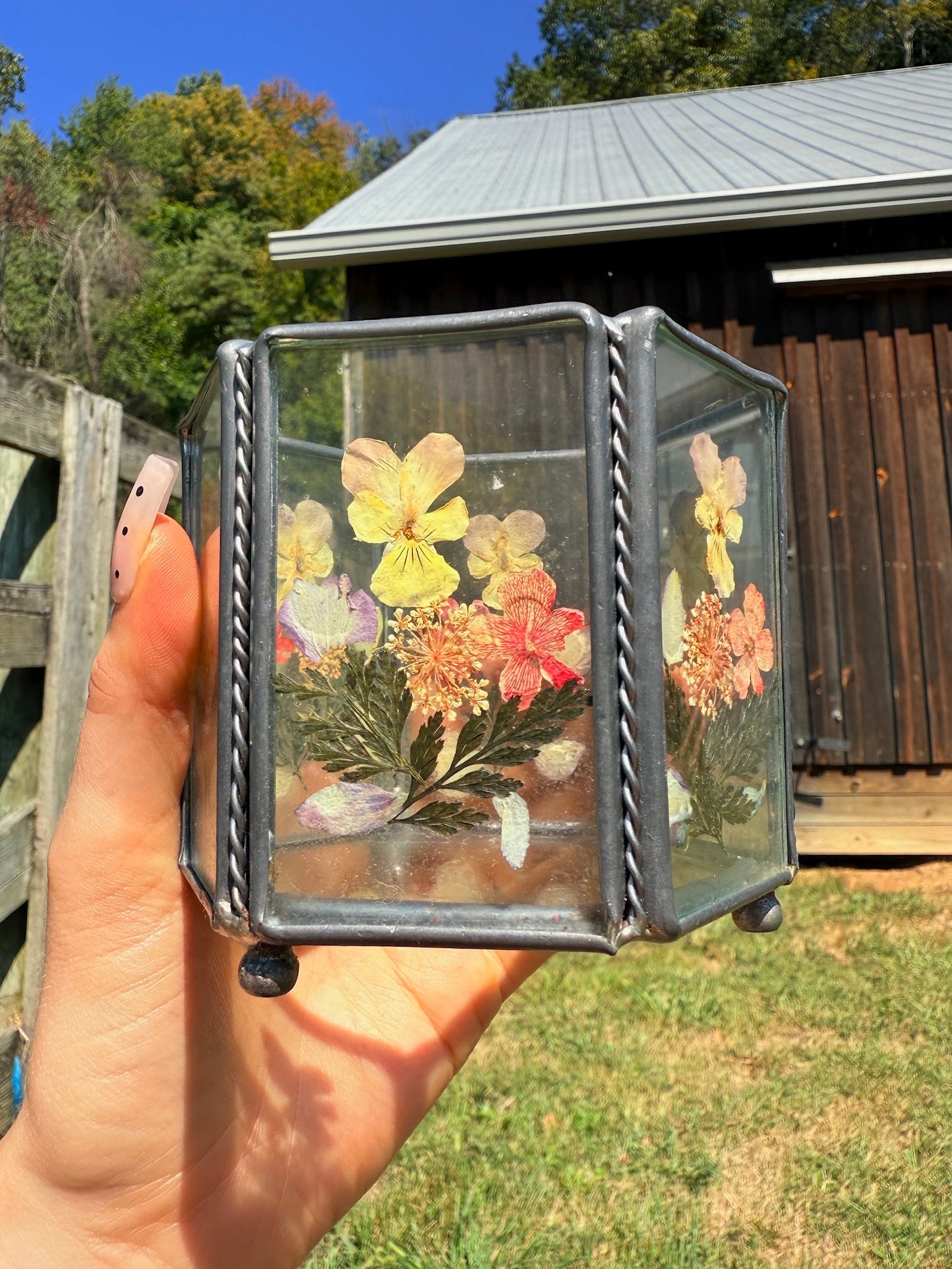 Vintage 1980s Metal & Glass Pressed Flower Tea Light Holder