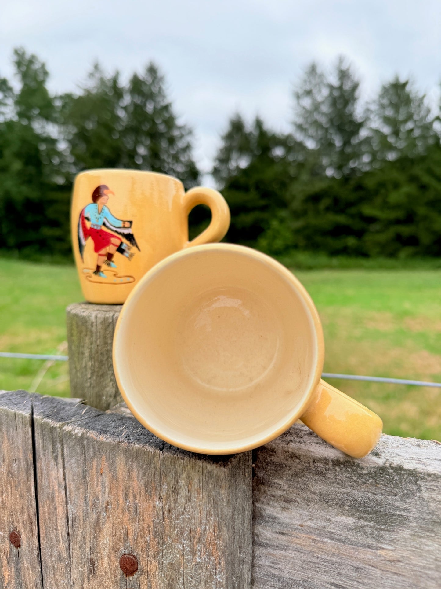 Vintage 1950s J. Moore Hand-Painted Ceramic Native American Coffee Mugs | Set of 5