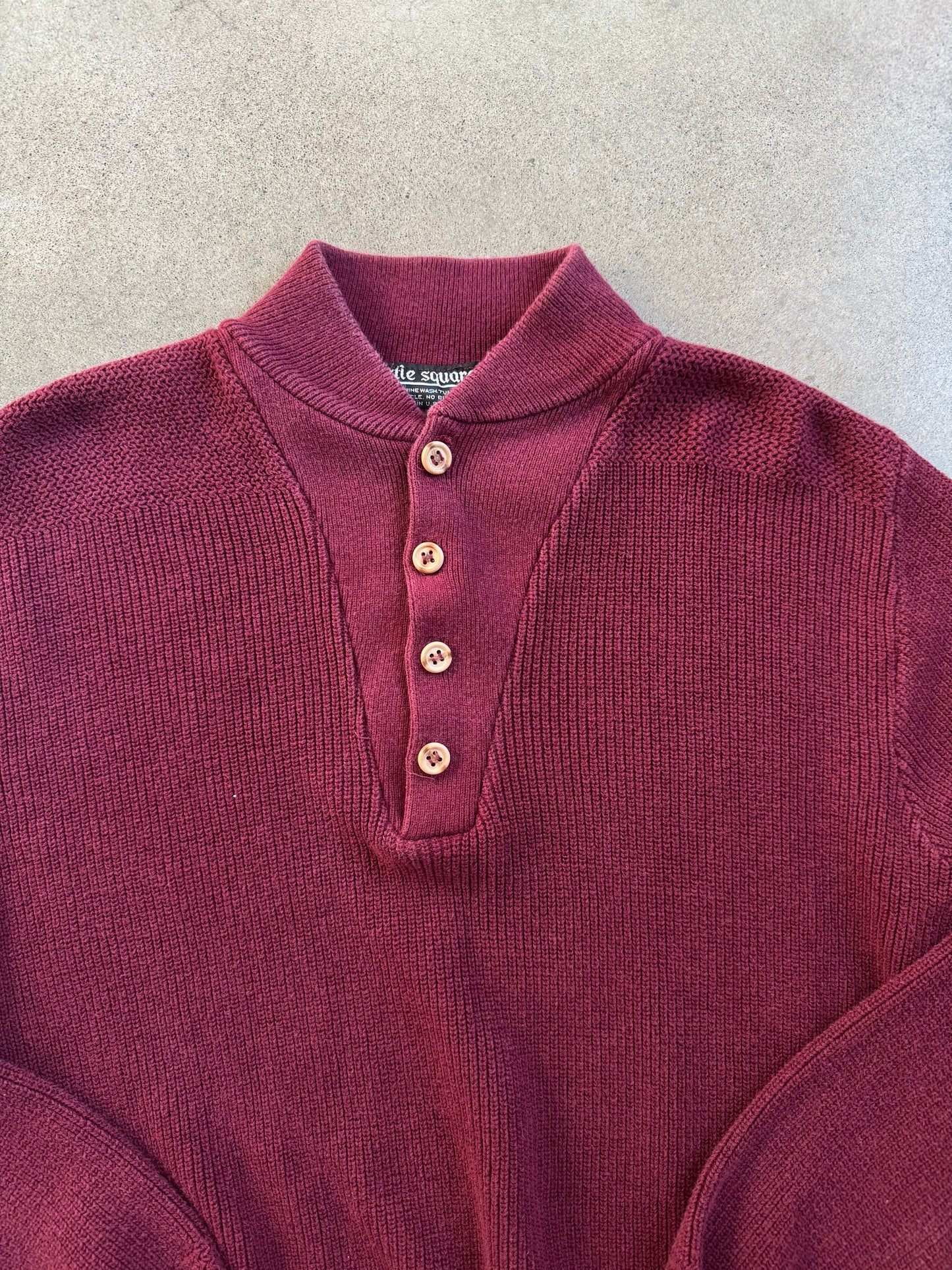 Vintage 1960s Castle Square Burgundy Cotton Henley Sweater | Large