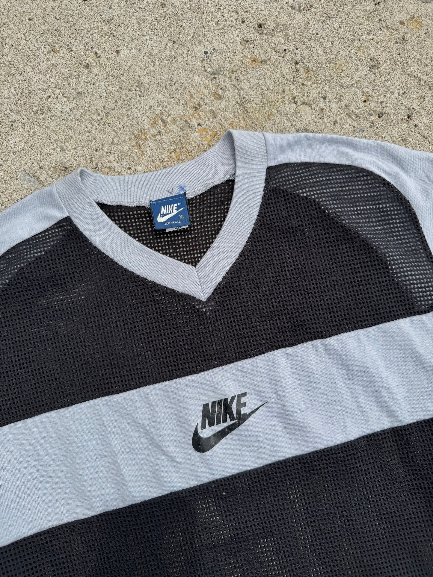 Vintage 1990s Deadstock Nike Grey & Black Mesh Cropped Tee | XL