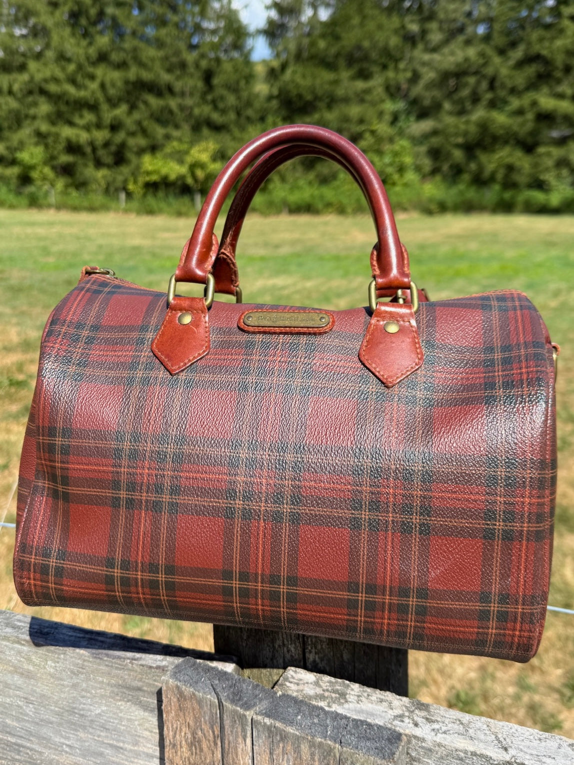Vintage 1990s Polo Ralph Lauren Brown-Tone Plaid Leather Top Handle Bag