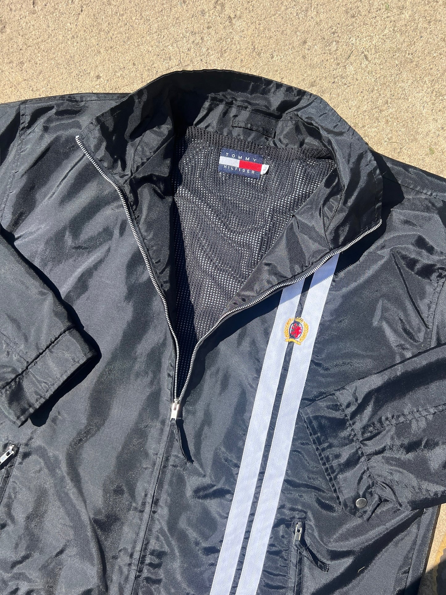 Y2K Tommy Hilfiger Black Racing Stripe Zip-Up Jacket | Large