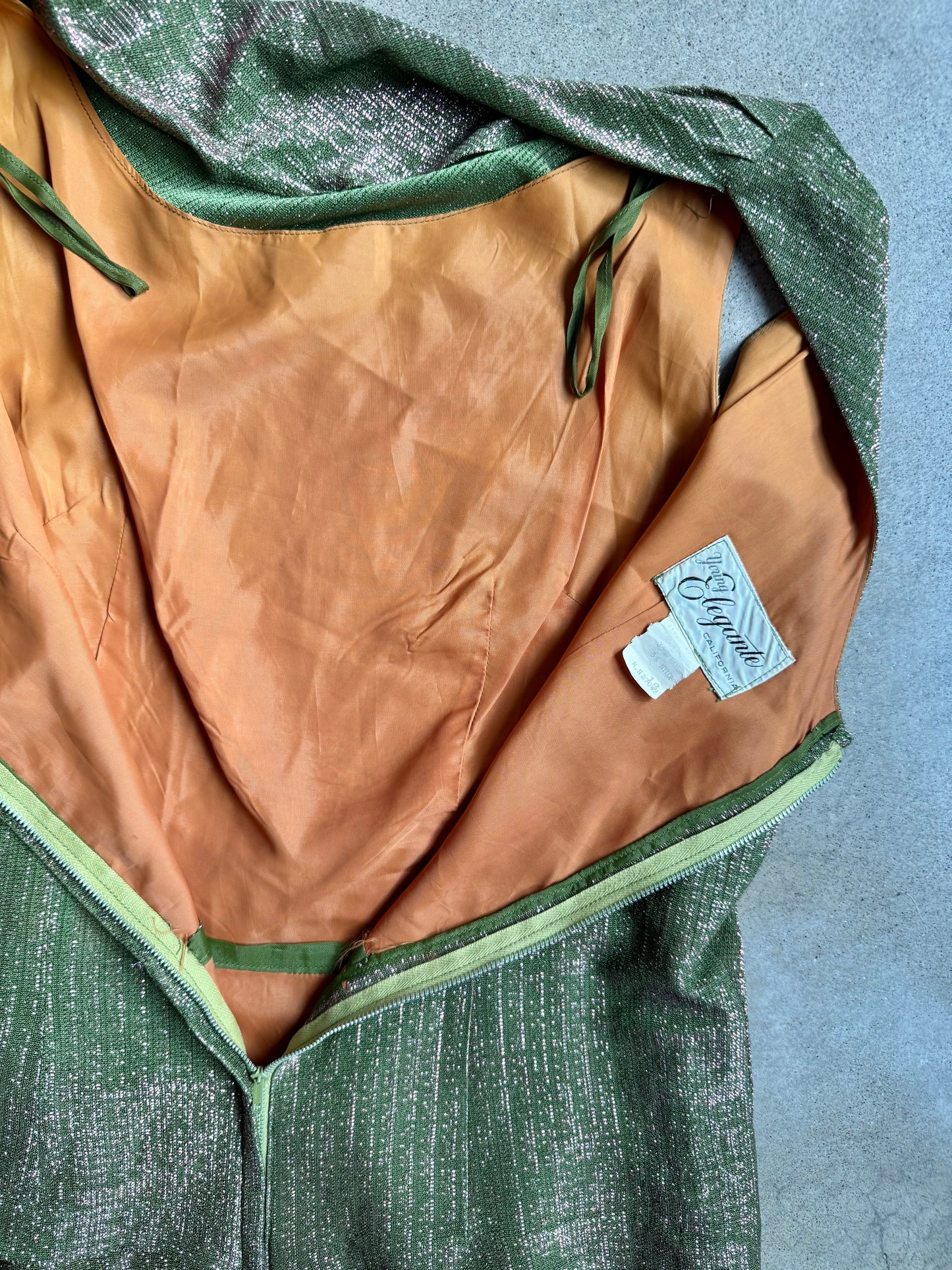 Vintage 1960s Young Eleganté Green & Pink Metallic Mod Cocktail Dress | M/L