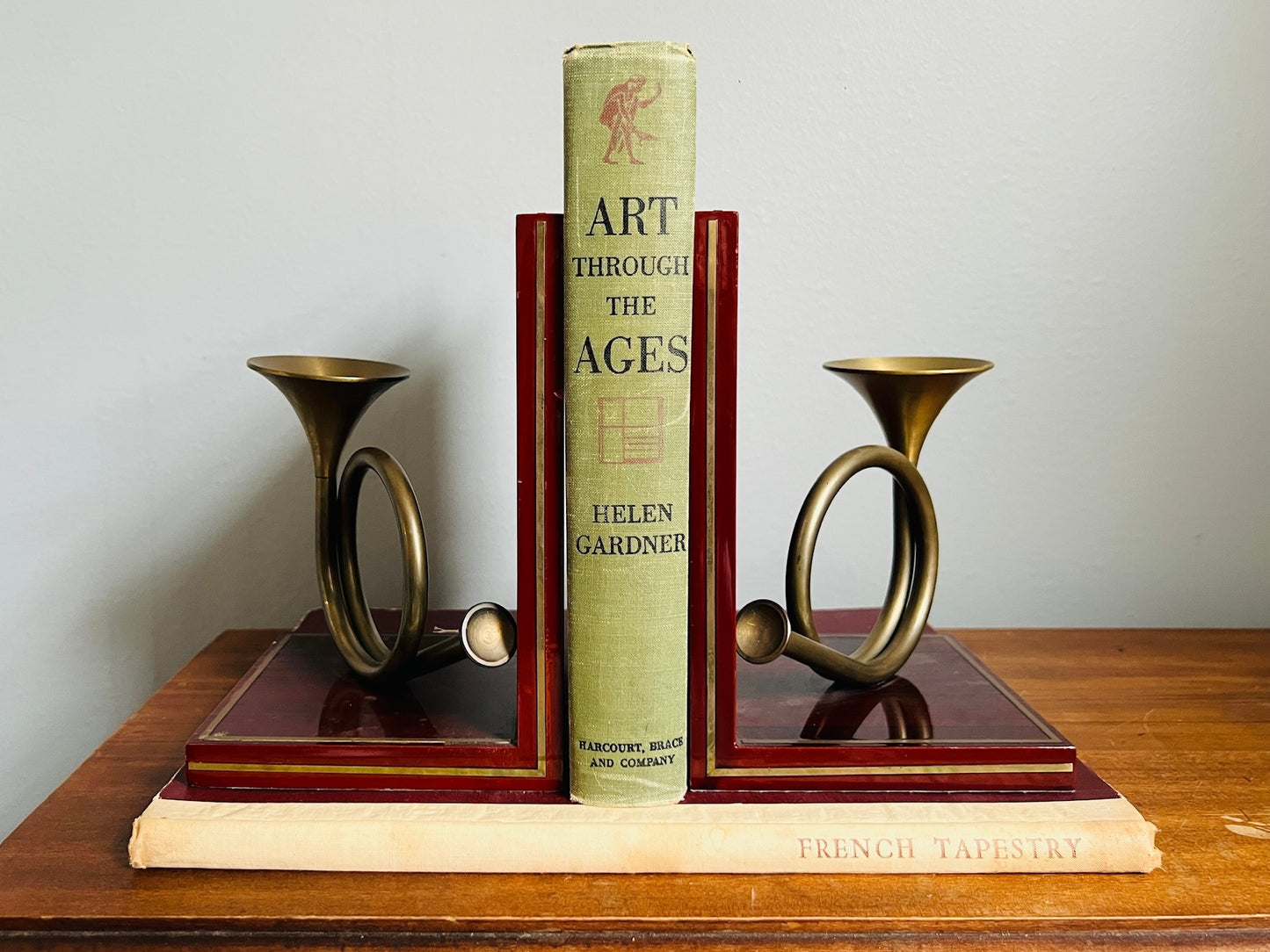 Vintage 1950s Brass French Horn Wood Inlay Bookends