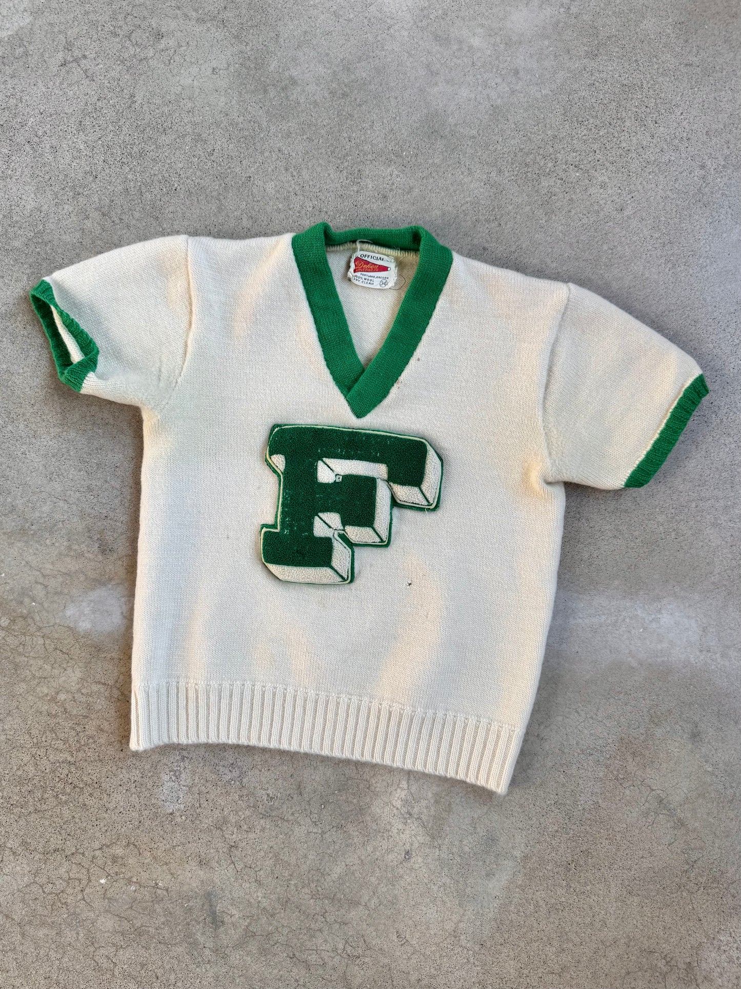 Vintage 1960s Dehen Knitting Co. Wool "F" Patch Cheer Sweater | XS