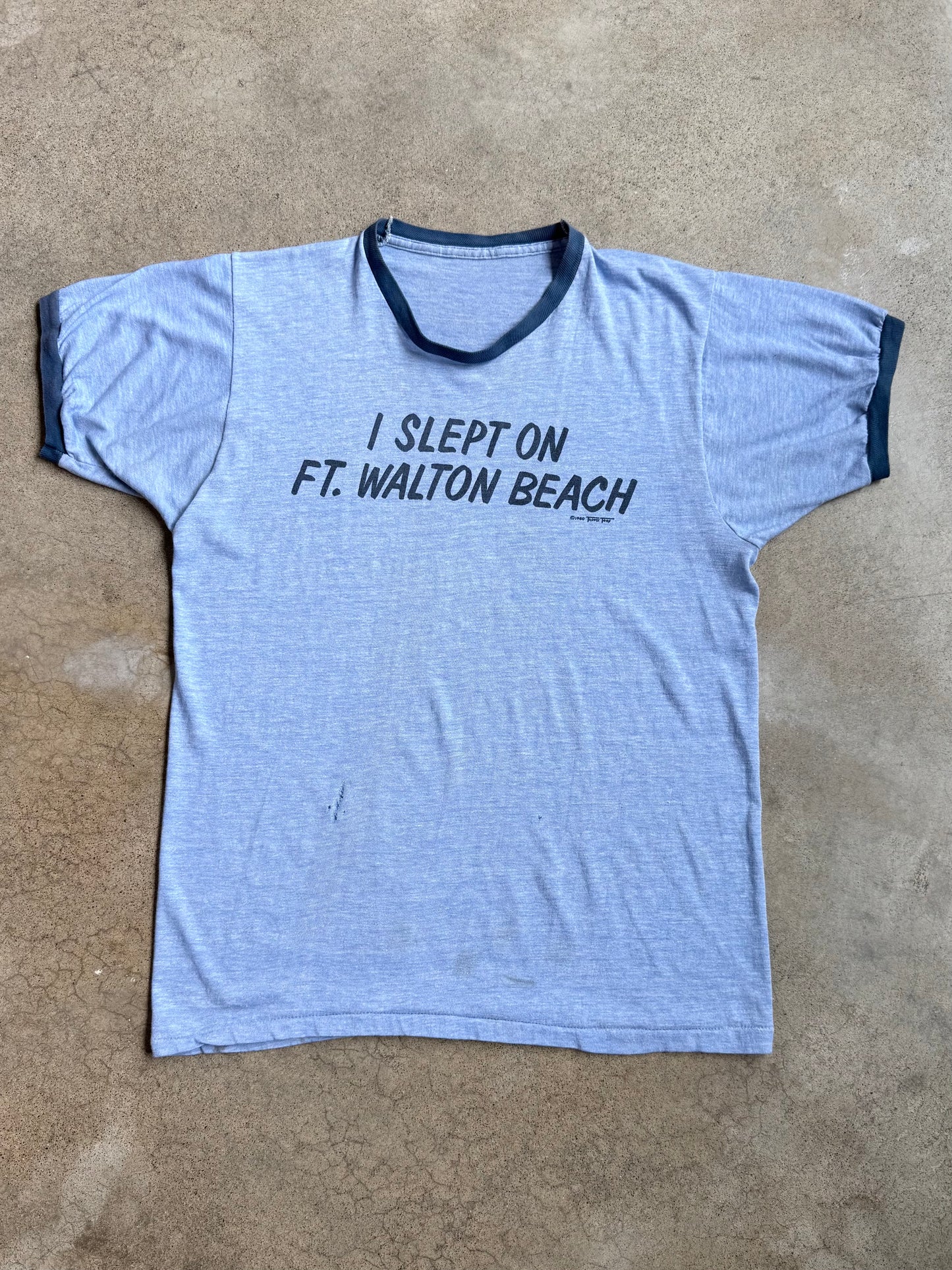 Vintage 1980s “I Slept on Ft. Walton Beach” Blue Ringer Tee | Medium
