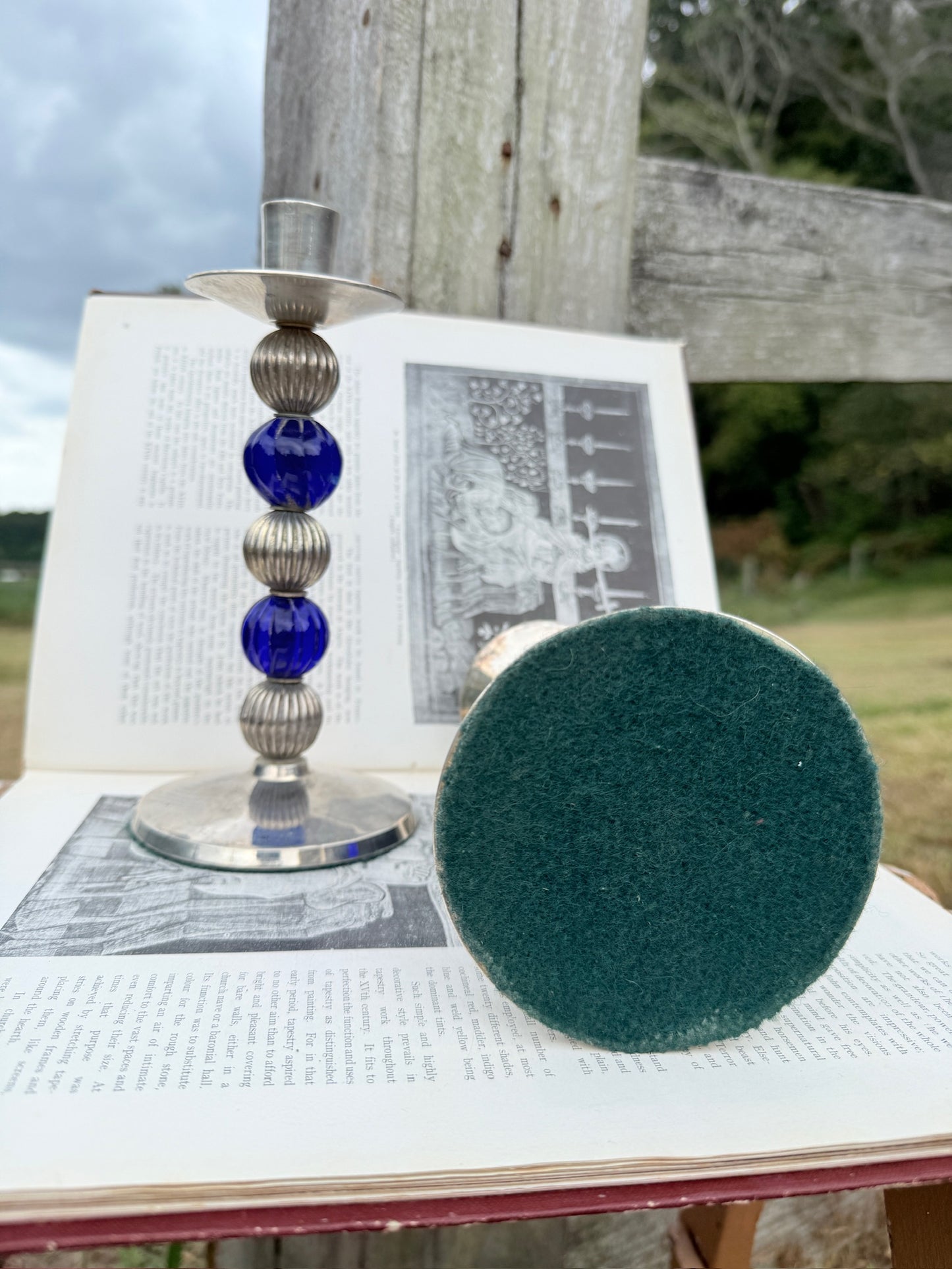 Vintage 1970s/80s Blue & Silver-Plated Stacked Orb Candlestick Holders | Set of 2