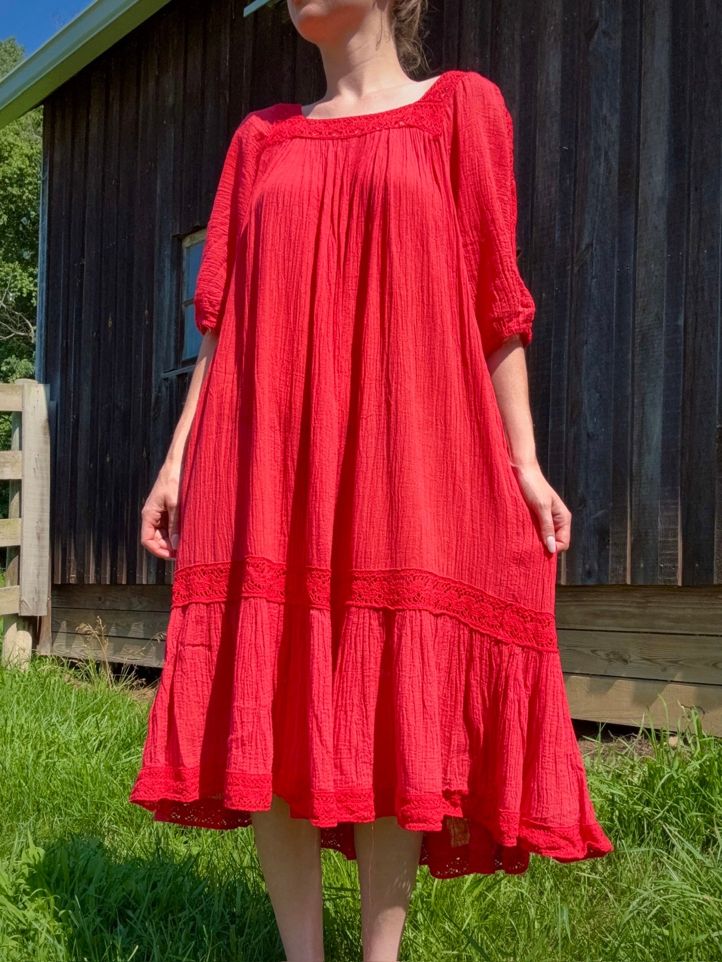 Vintage 1970s Red Crochet Trim Cotton Gauze Dress | Medium