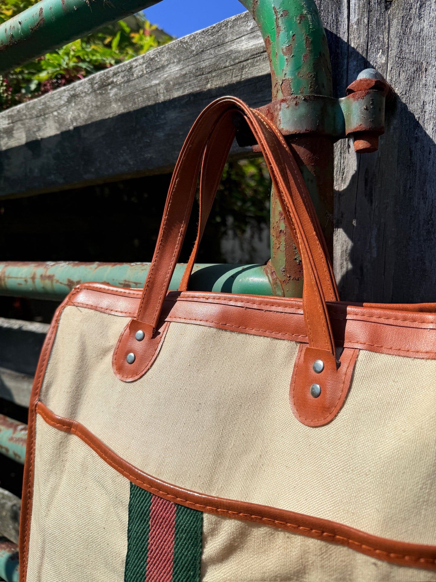 Vintage 1970s Gucci-Style Striped Canvas Top Handle Bag