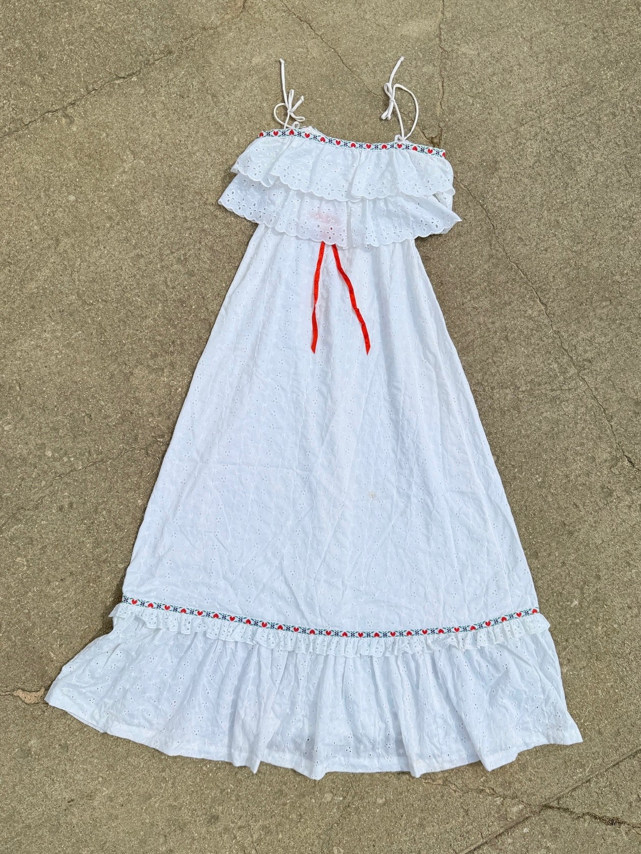 70's Empire Waist White Eyelet Cotton Prairie Style Maxi Dress | XS-S