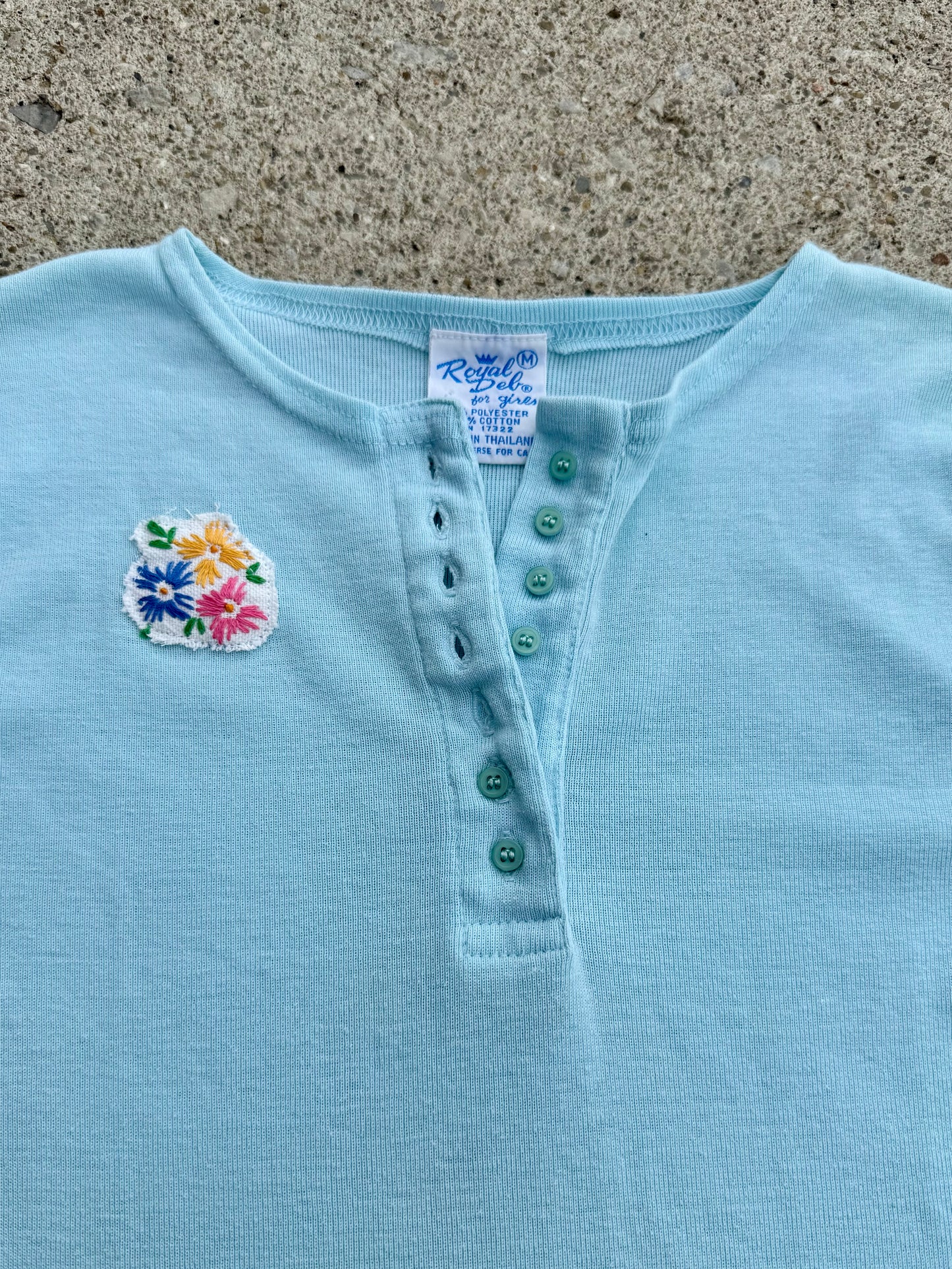 Vintage 1960s Royal Deb Baby Blue Floral Embroidered Henley Tee | Medium