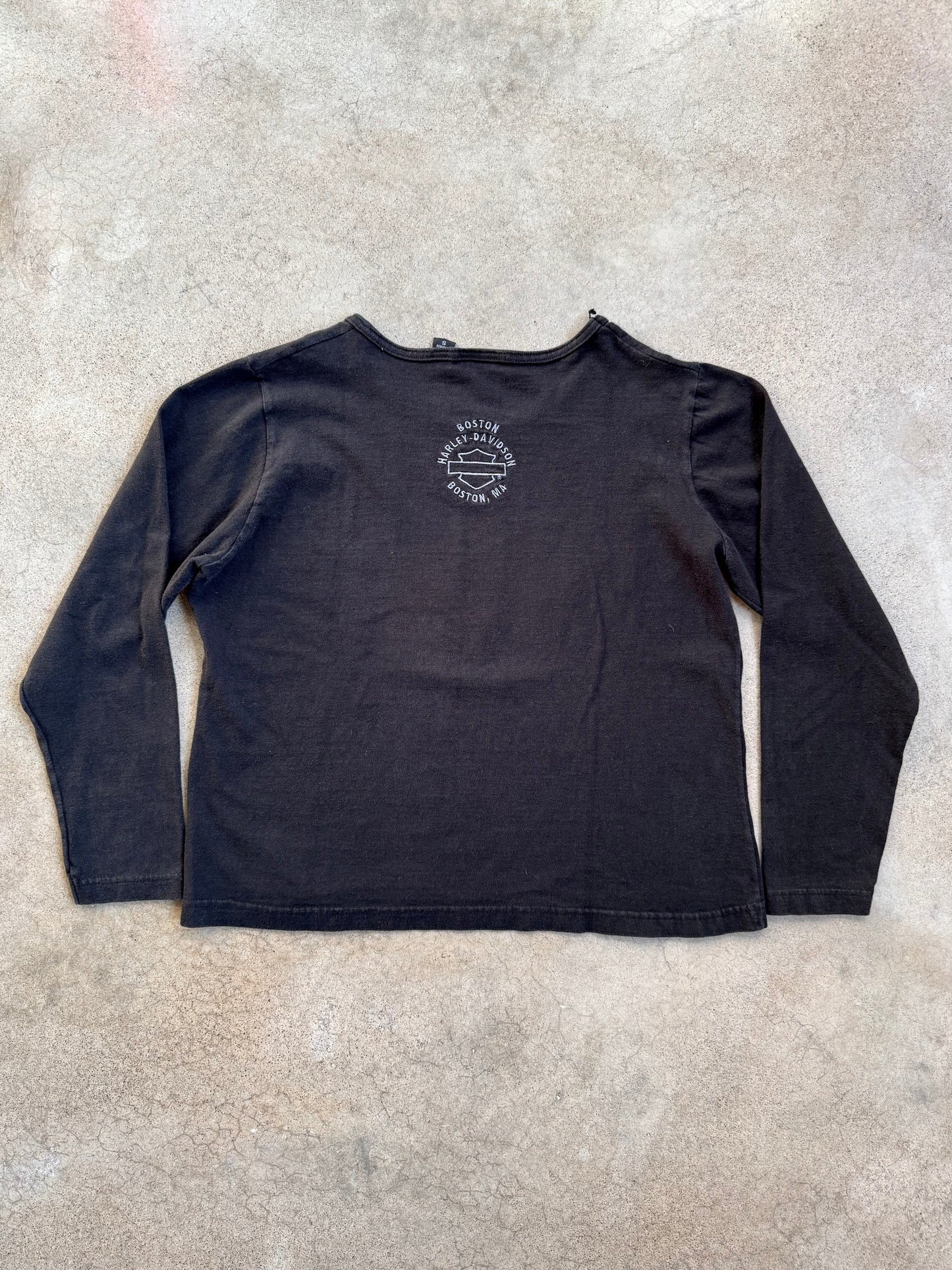 2000s Boston Harley Davidson Denim Graphic Long Sleeve Cotton Tee | Small