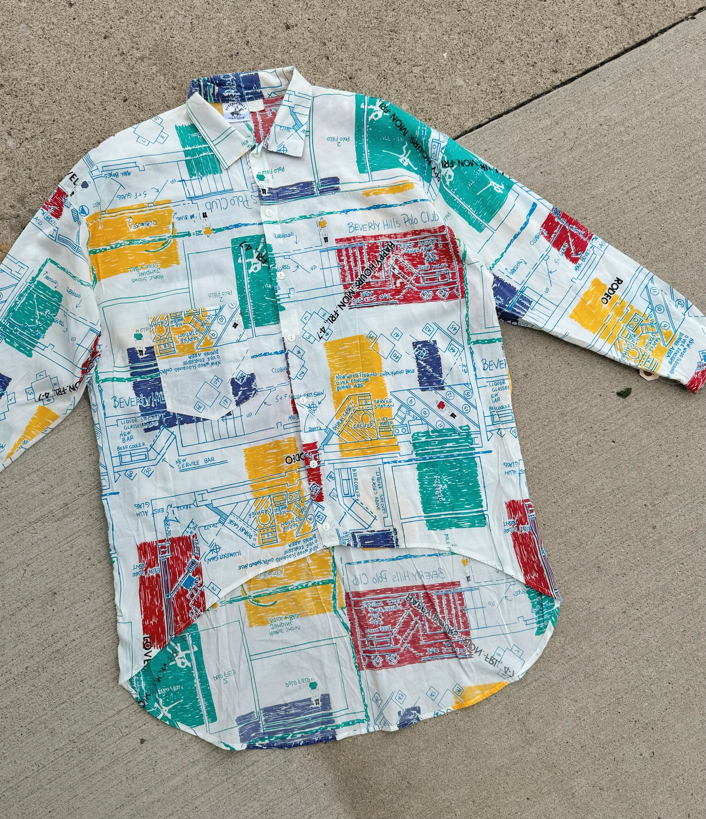 Vintage 1980s Beverly Hills Polo Club Retro Blueprint Collared Shirt | Medium