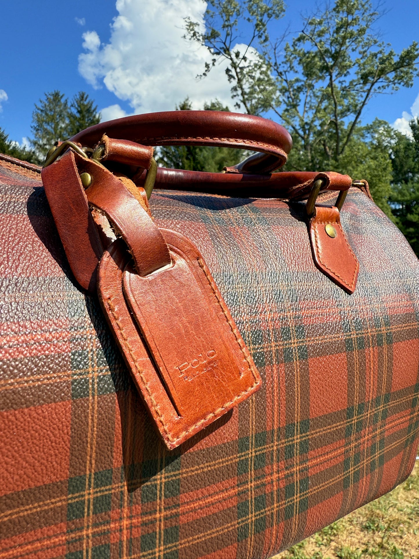 Vintage 1990s Polo Ralph Lauren Brown-Tone Plaid Leather Top Handle Bag