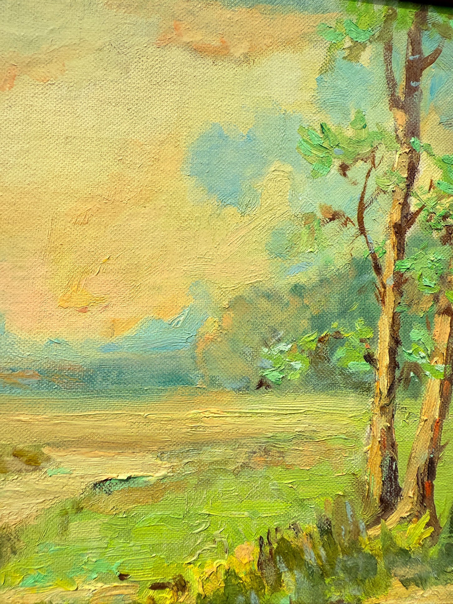 Vintage 1950s Wood Framed Meadow Landscape Oil Painting