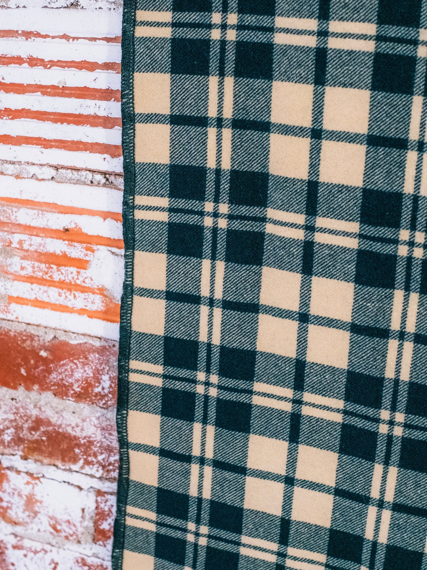 Vintage Green & Cream Plaid Wool Camp Blanket