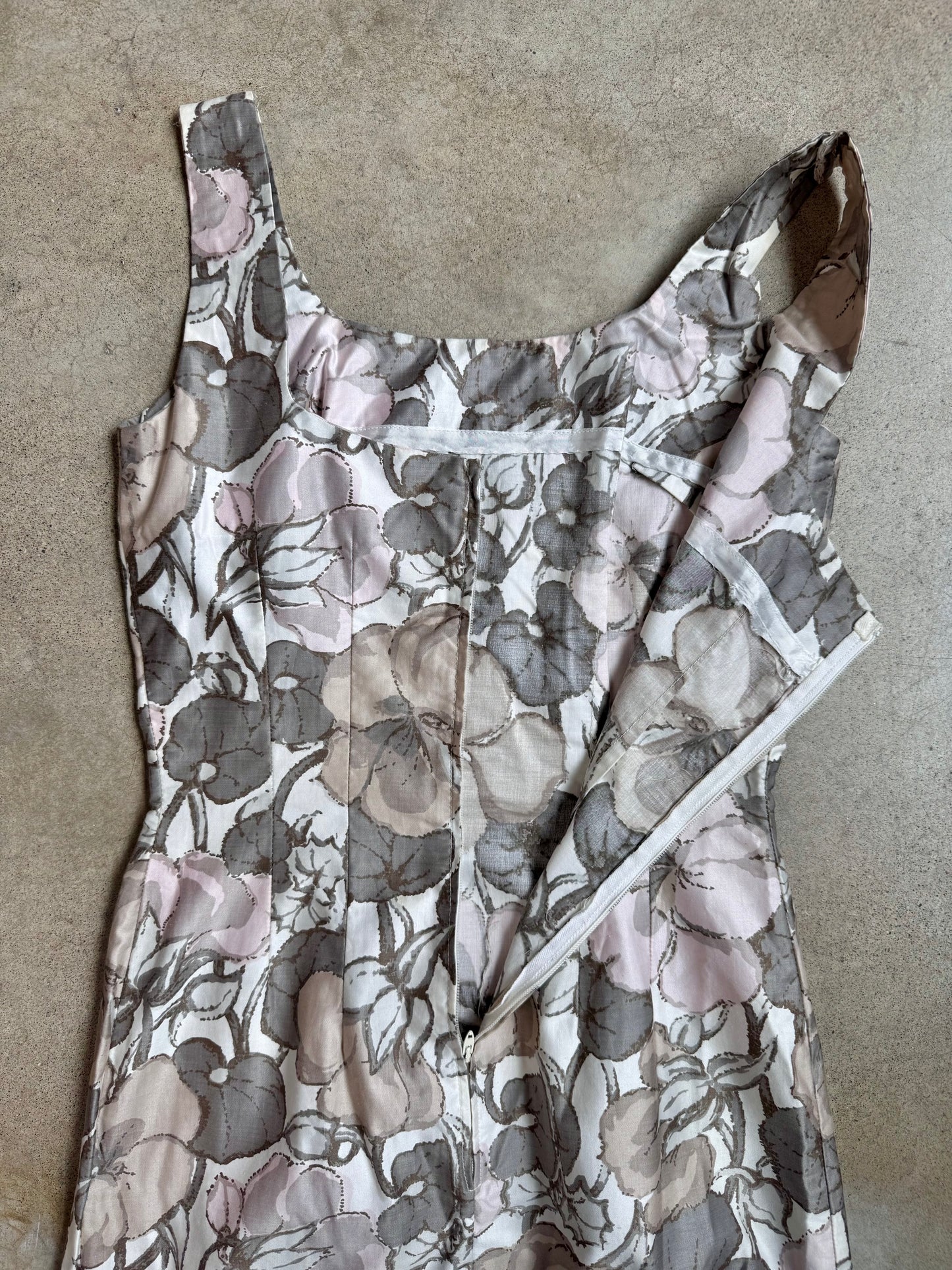 Vintage 1960s Muted Floral Cotton Sheath Dress | Small